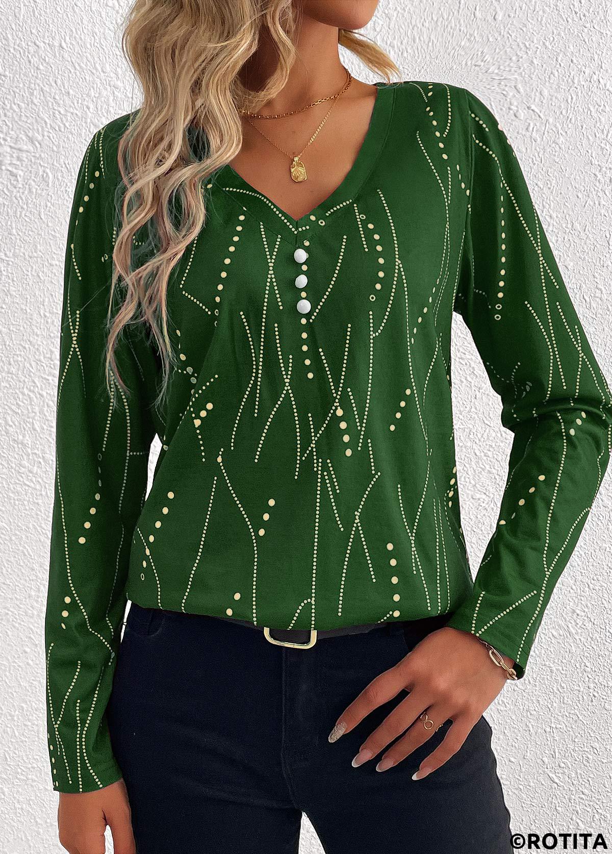 Green tops,Geometric tops,Striped tops,Dot tops,ROTITA Button Geometric Print Green V Neck T Shirt