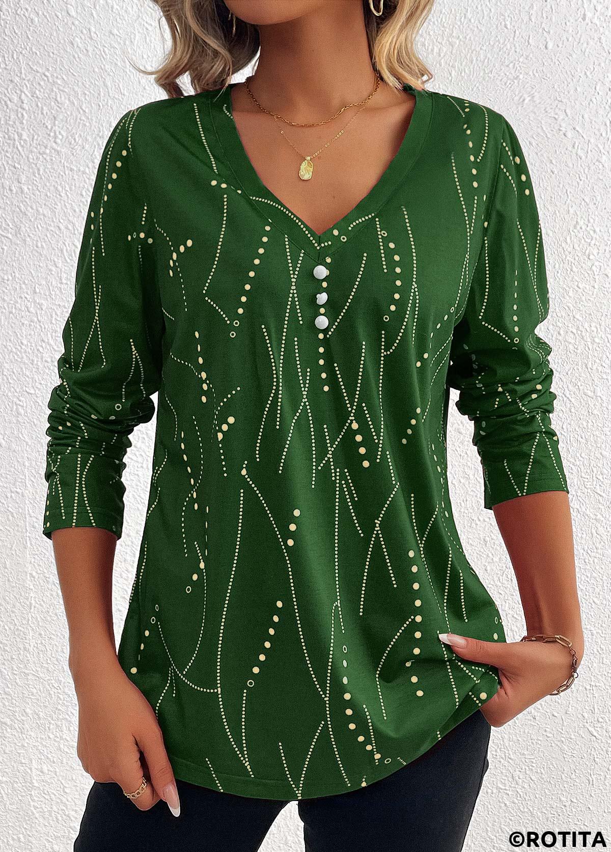 Green tops,Geometric tops,Striped tops,Dot tops,ROTITA Button Geometric Print Green V Neck T Shirt