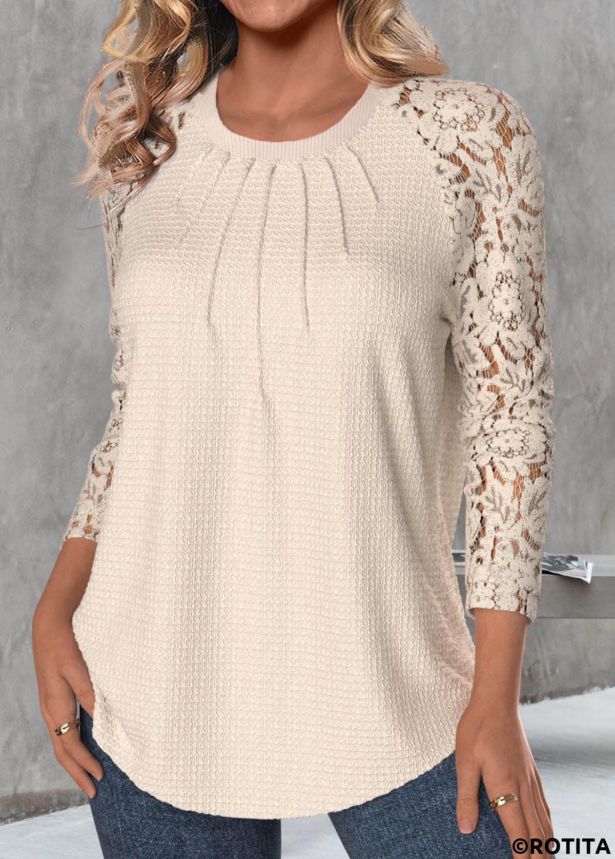 Rotita dentelle couleur peau col rond t-shirt à manches longues