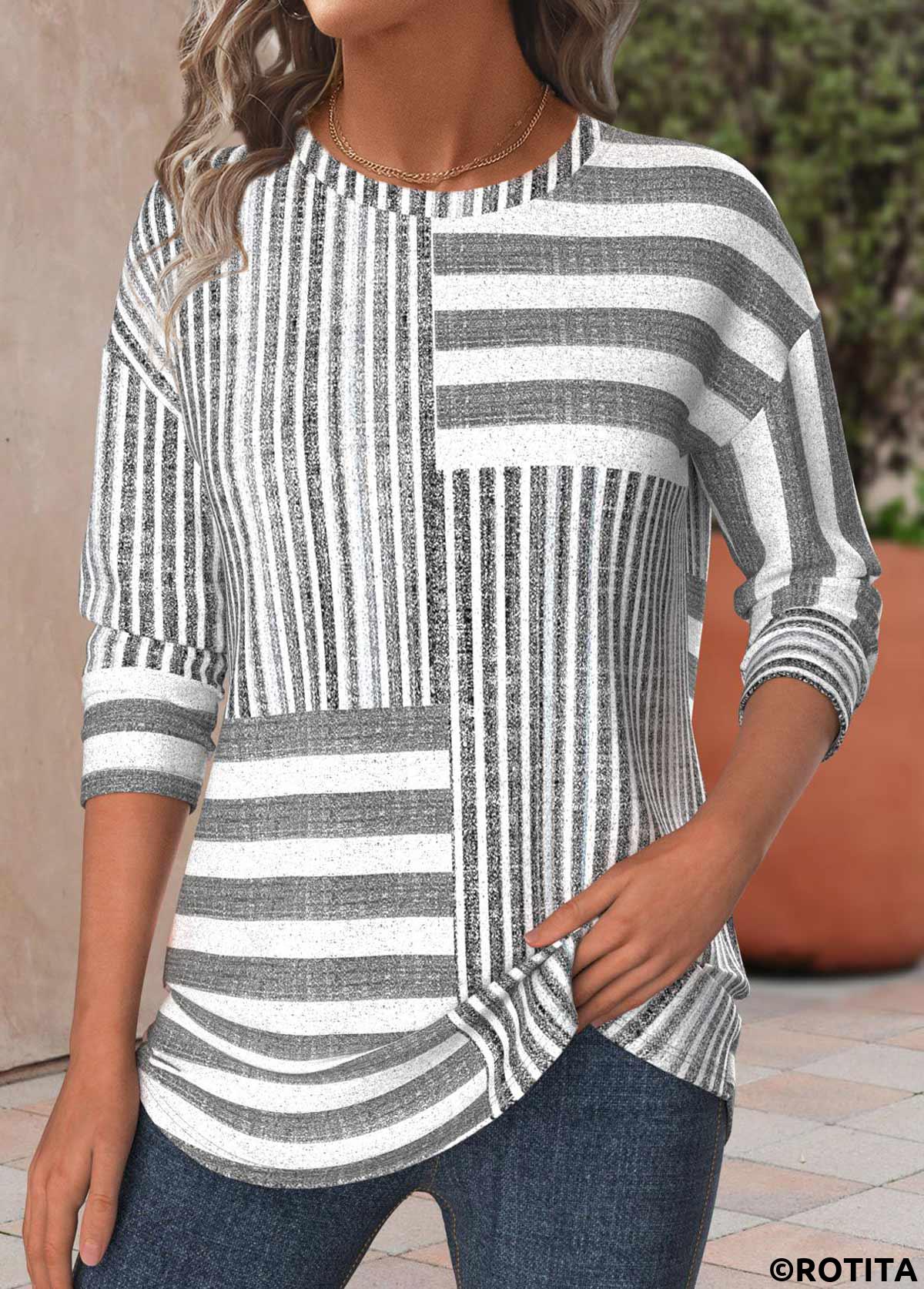 Light Grey Marl plus size,White plus size,Striped plus size,Geometric plus size,ROTITA Plus Size Light Grey Marl Striped T Shirt