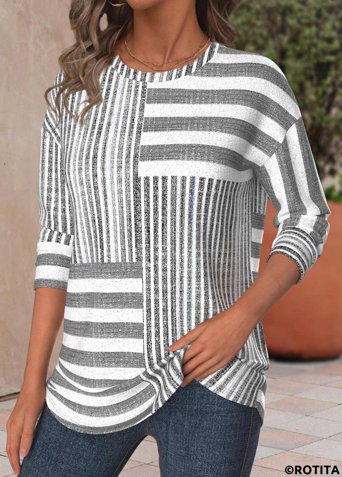 Light Grey Marl plus size,White plus size,Striped plus size,Geometric plus size,ROTITA Plus Size Light Grey Marl Striped T Shirt