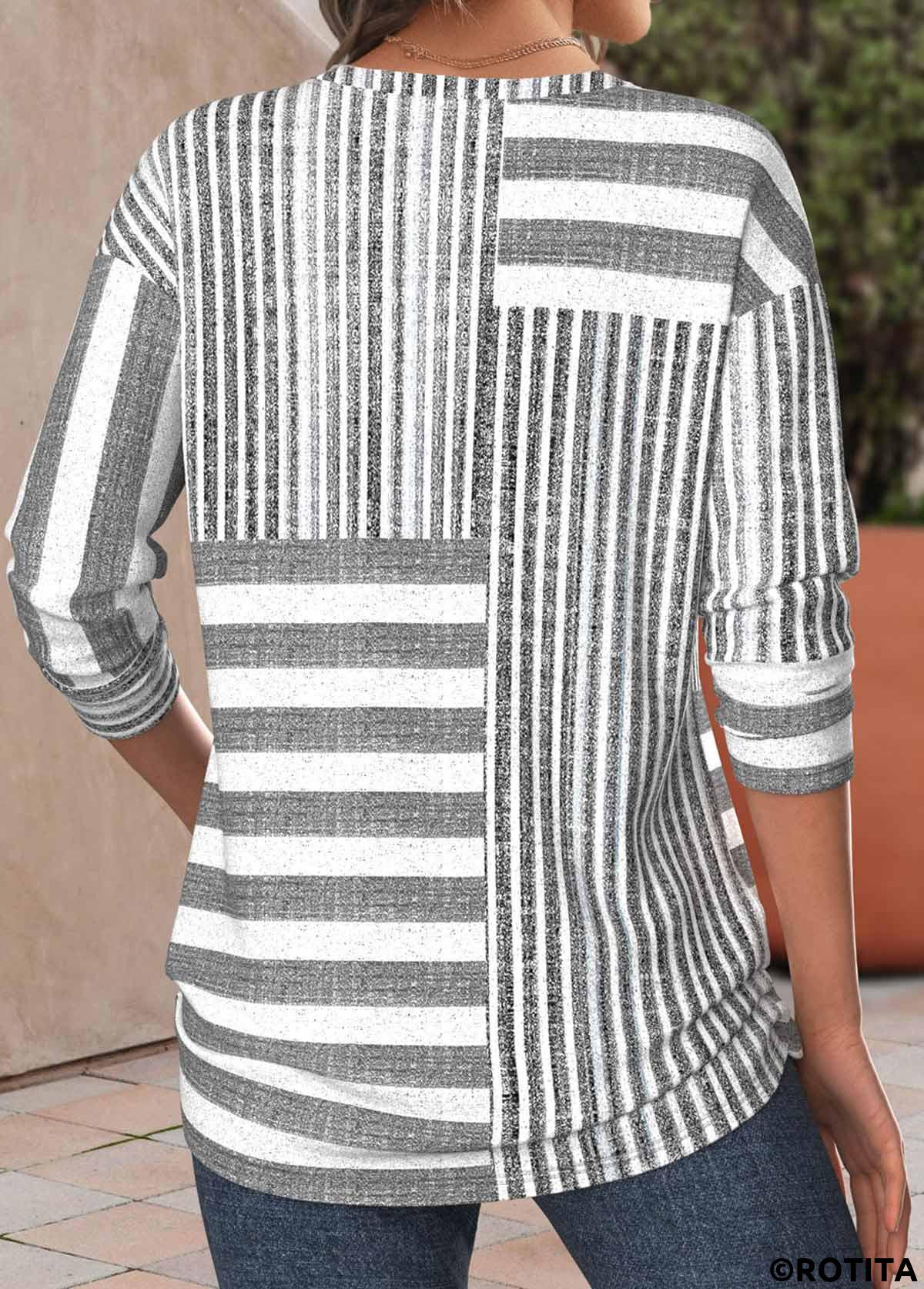 Light Grey Marl plus size,White plus size,Striped plus size,Geometric plus size,ROTITA Plus Size Light Grey Marl Striped T Shirt
