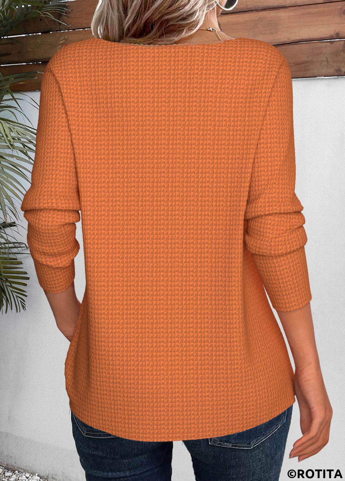 Terracotta tops,Plain Color tops,ROTITA Lace Terracotta Round Neck Long Sleeve T Shirt