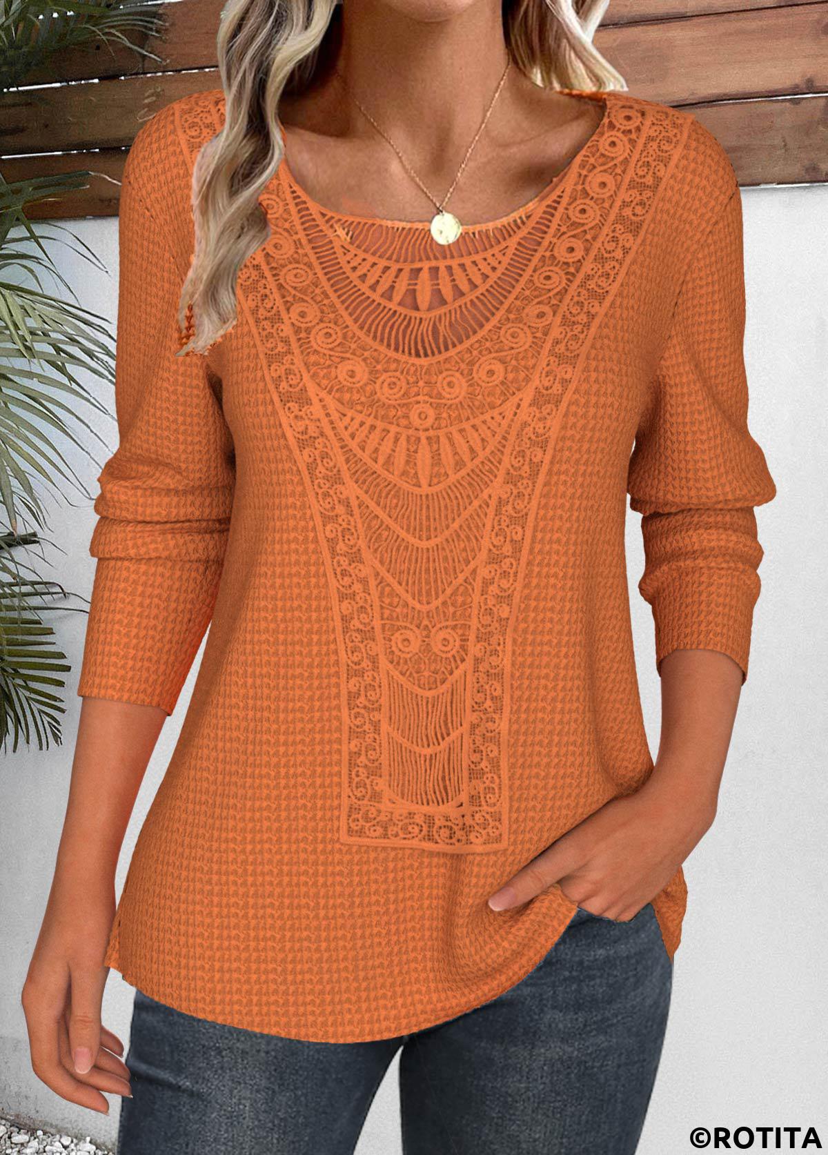 Terracotta tops,Plain Color tops,ROTITA Lace Terracotta Round Neck Long Sleeve T Shirt