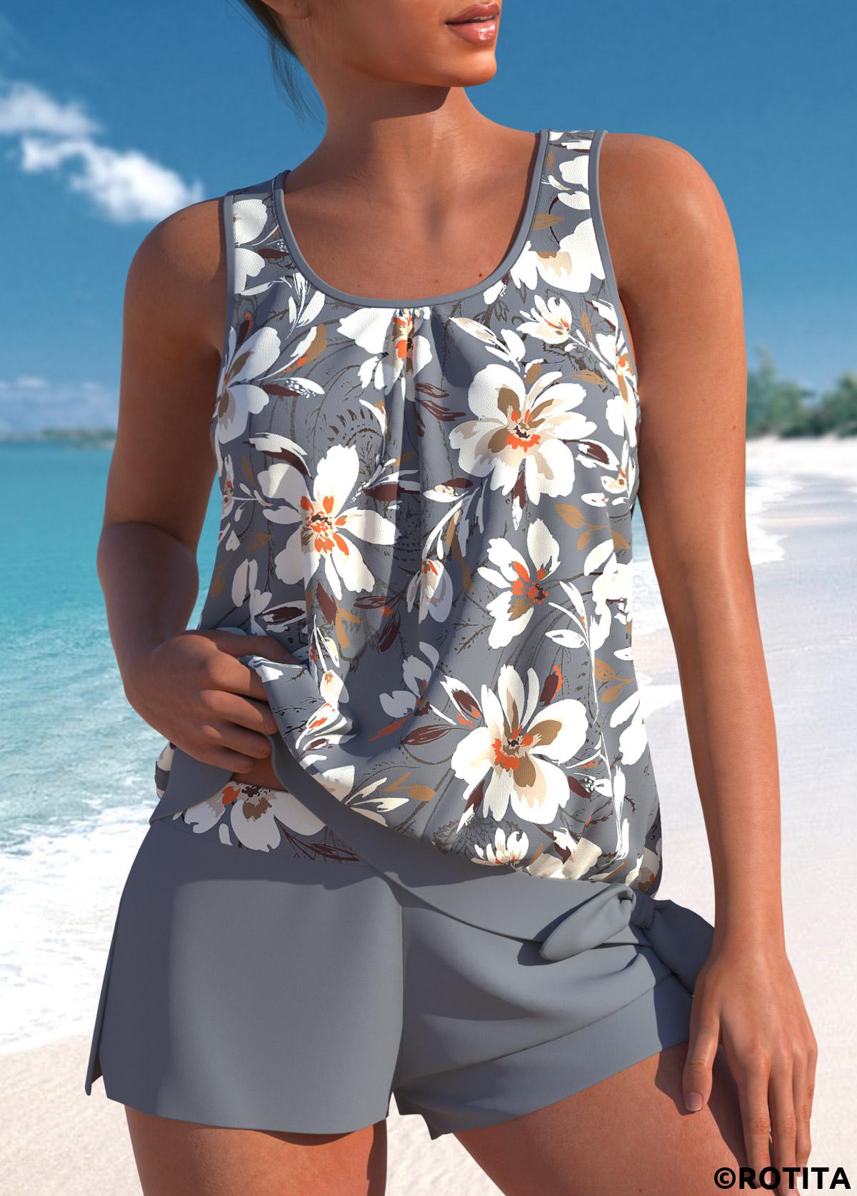 Grey plus size,Floral plus size,Plants plus size,ROTITA Plus Size Bowknot Floral Print Grey Tankini Set