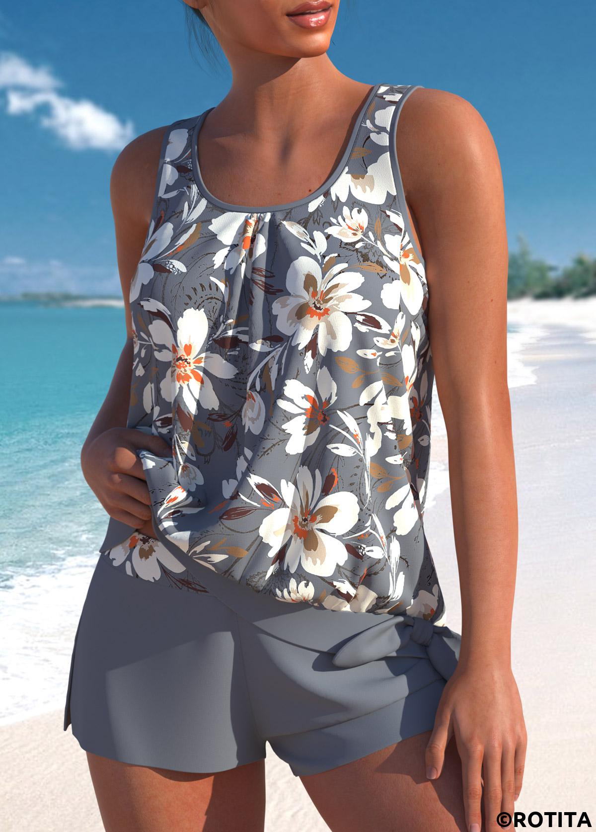 Grey plus size,Floral plus size,Plants plus size,ROTITA Plus Size Bowknot Floral Print Grey Tankini Set