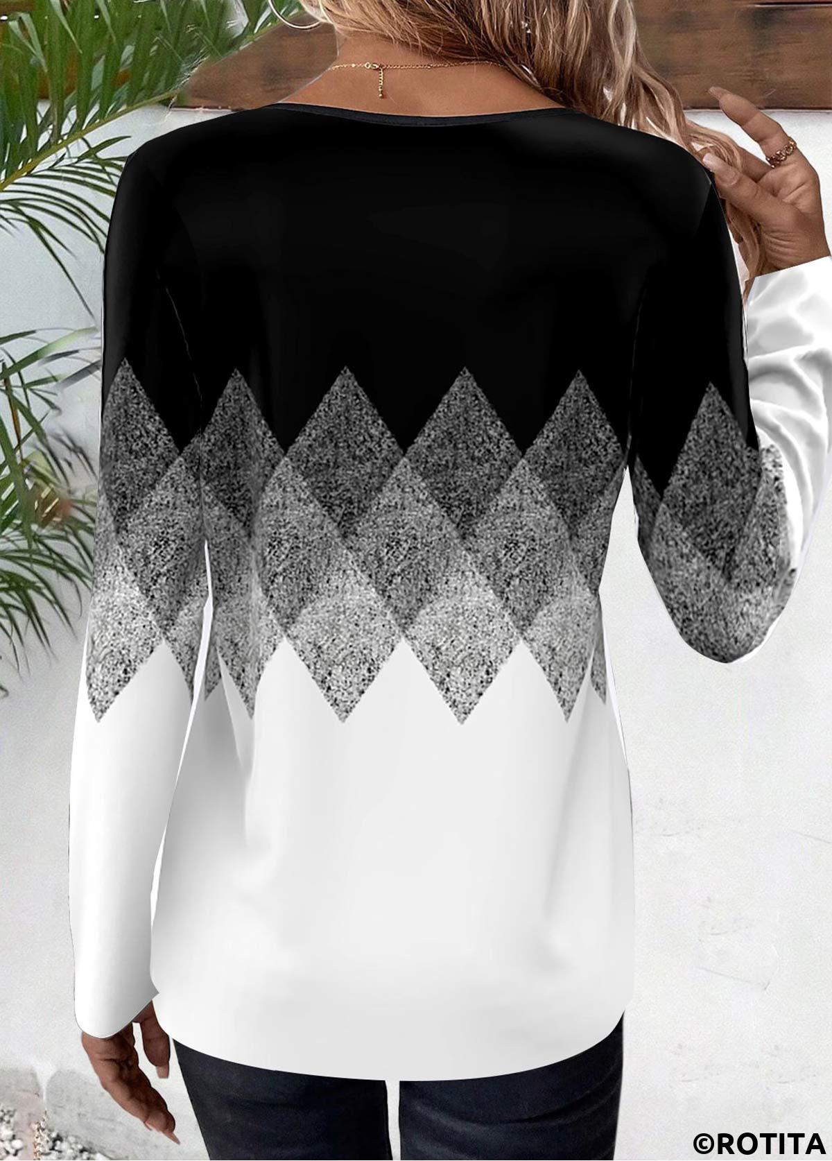 Black plus size,White plus size,Geometric plus size,Chevron plus size,Ombre plus size,ROTITA Plus Size Patchwork Black Geometric Print T Shirt