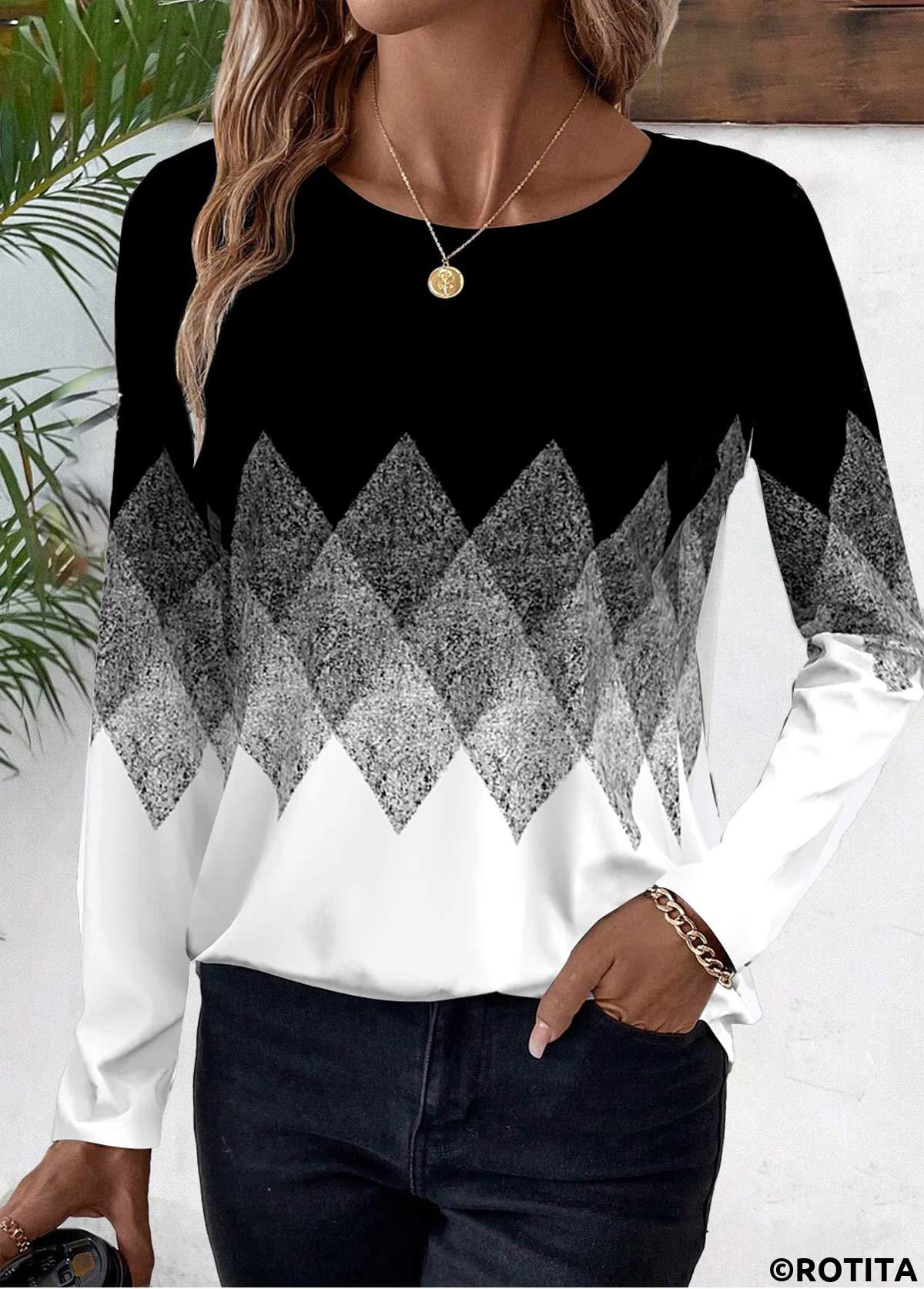 Black plus size,White plus size,Geometric plus size,Chevron plus size,Ombre plus size,ROTITA Plus Size Patchwork Black Geometric Print T Shirt