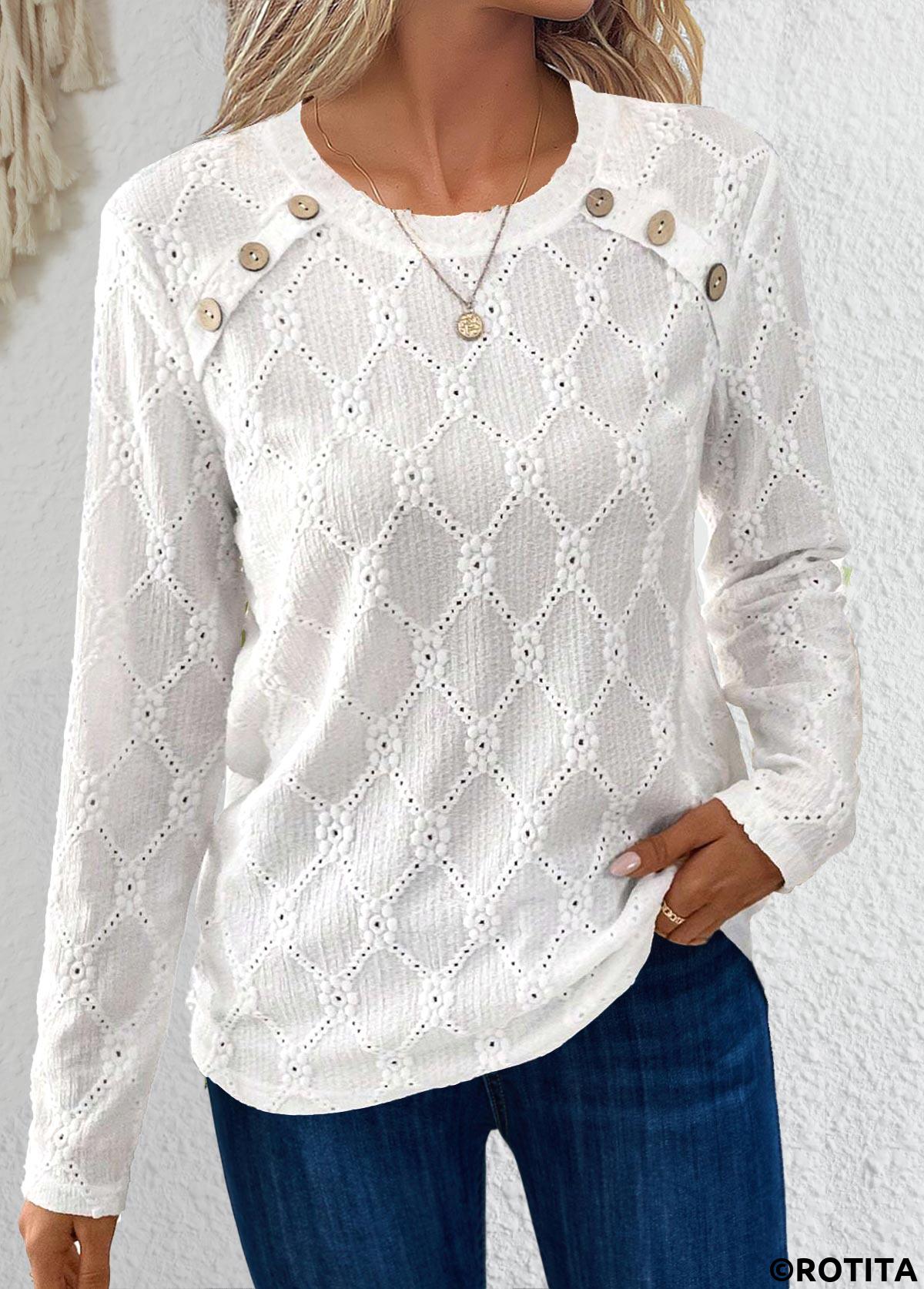White tops,Plain Color tops,ROTITA Button White Round Neck Long Sleeve T Shirt