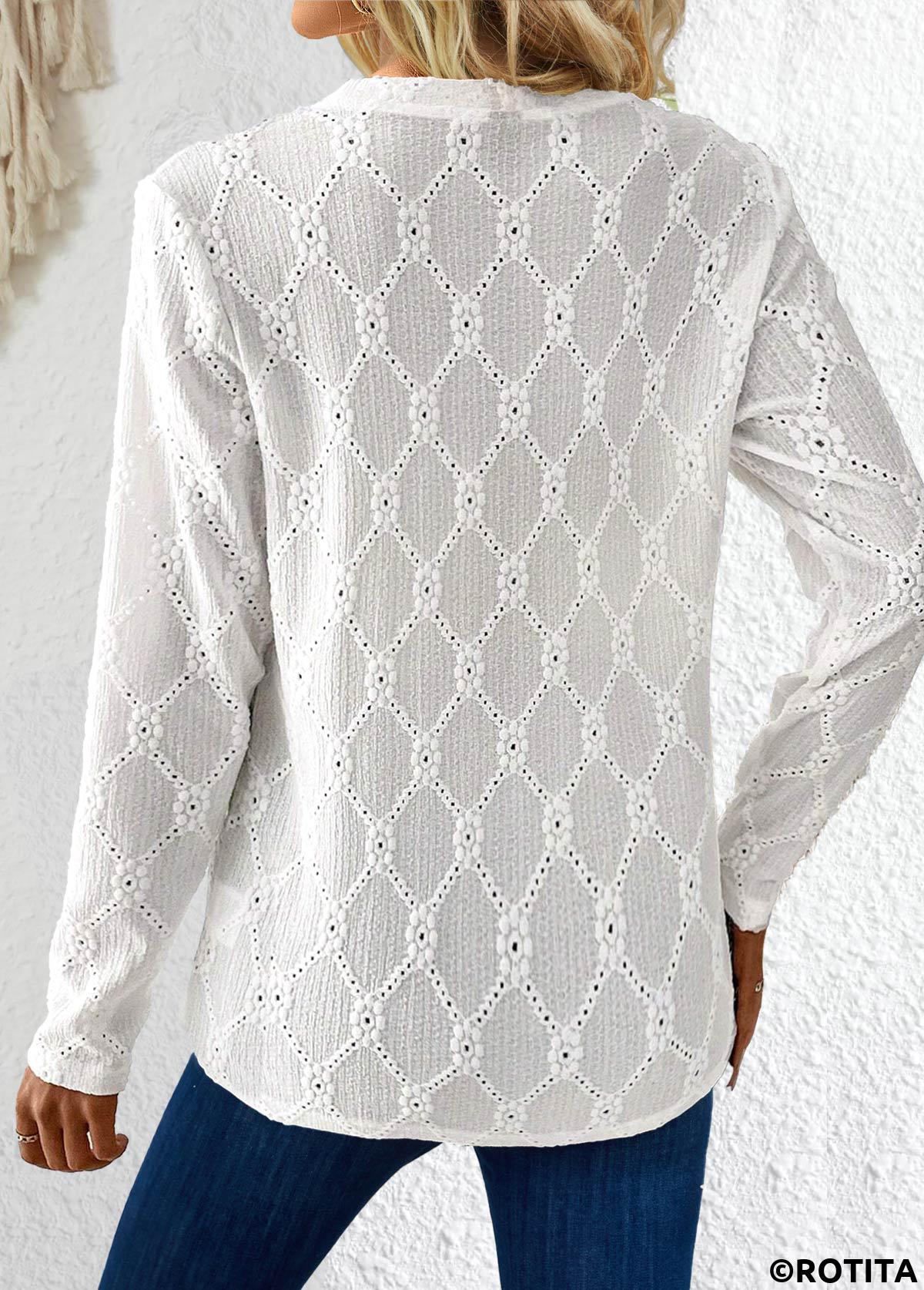 White tops,Plain Color tops,ROTITA Button White Round Neck Long Sleeve T Shirt