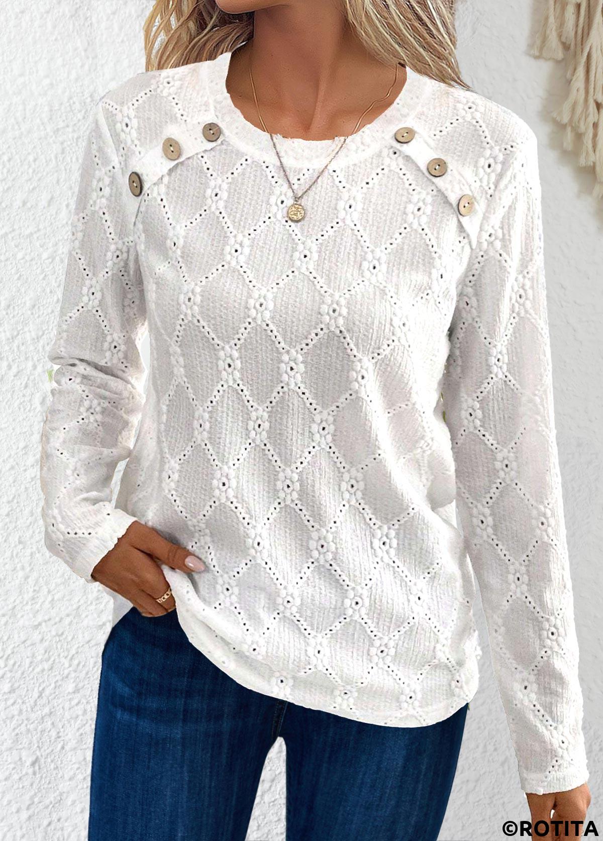 White tops,Plain Color tops,ROTITA Button White Round Neck Long Sleeve T Shirt