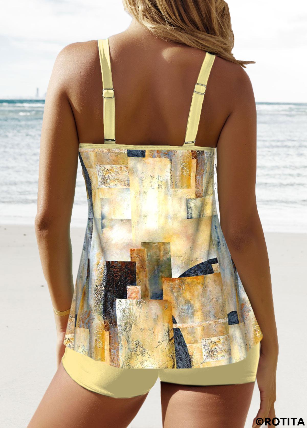 Light Yellow swimwear,Multi Color swimwear,Geometric swimwear,ROTITA Patchwork Light Yellow Geometric Print Tankini Set
