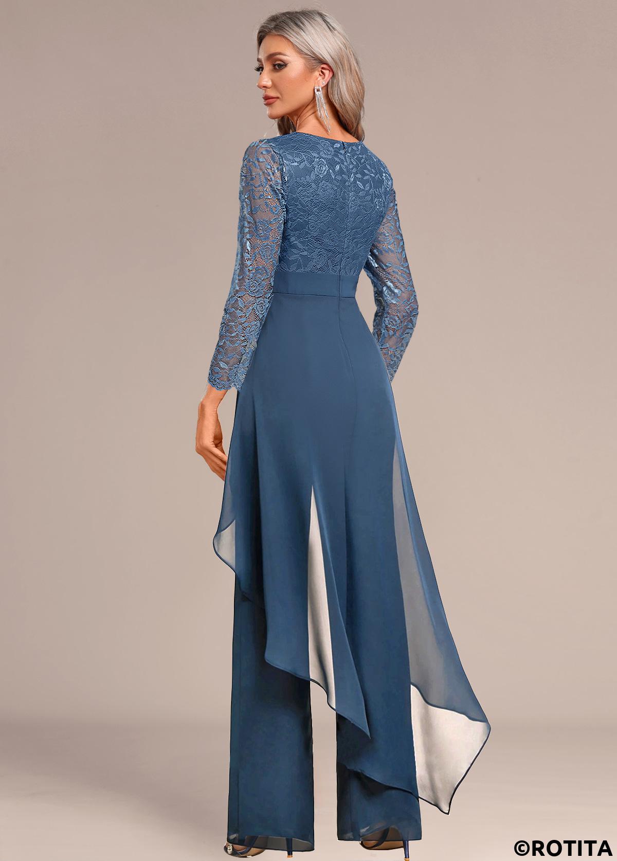 Peacock Blue jumpsuits&rompers,Plain Color jumpsuits&rompers,ROTITA Lace Peacock Blue Long V Neck Jumpsuit