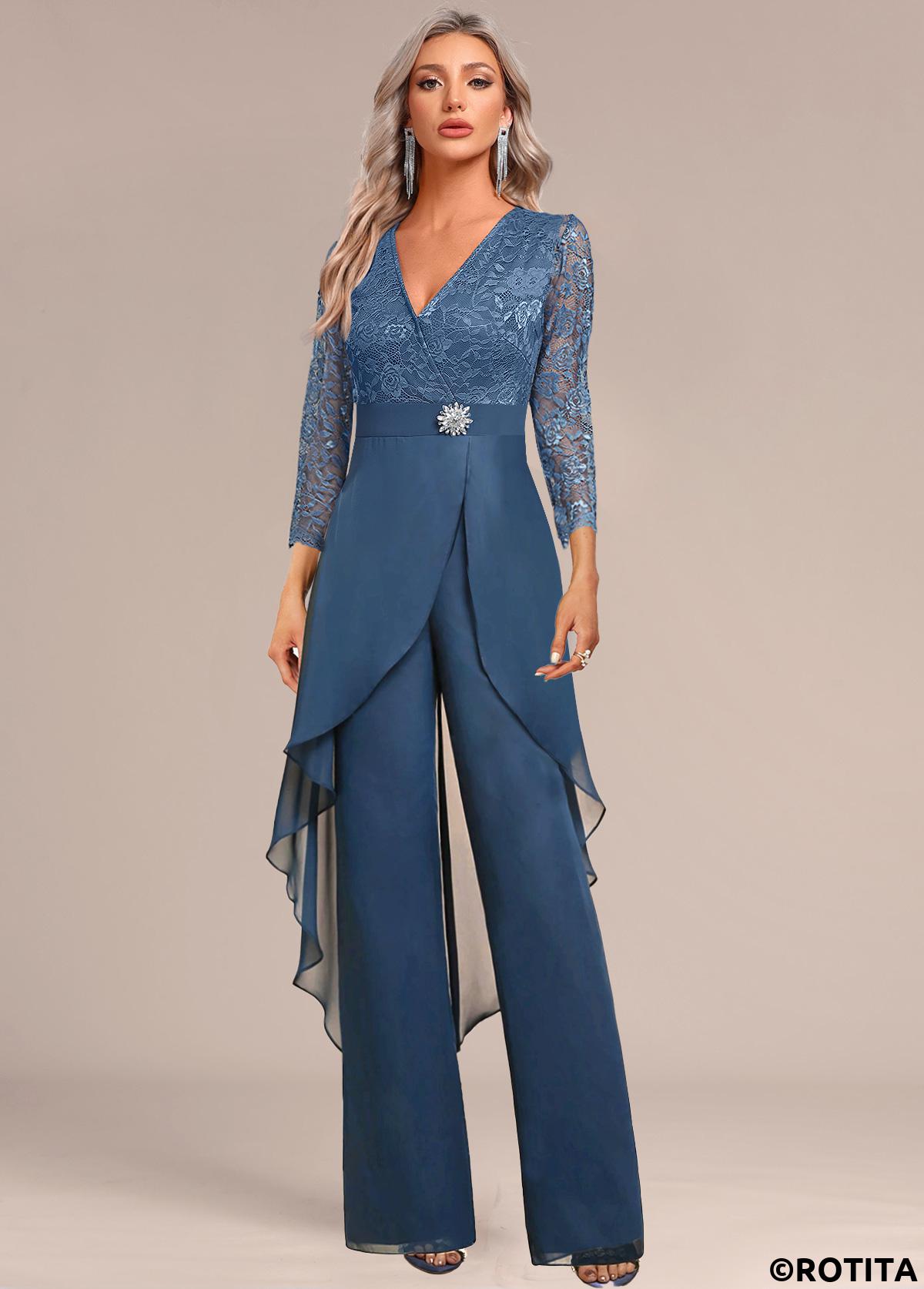 Peacock Blue jumpsuits&rompers,Plain Color jumpsuits&rompers,ROTITA Lace Peacock Blue Long V Neck Jumpsuit