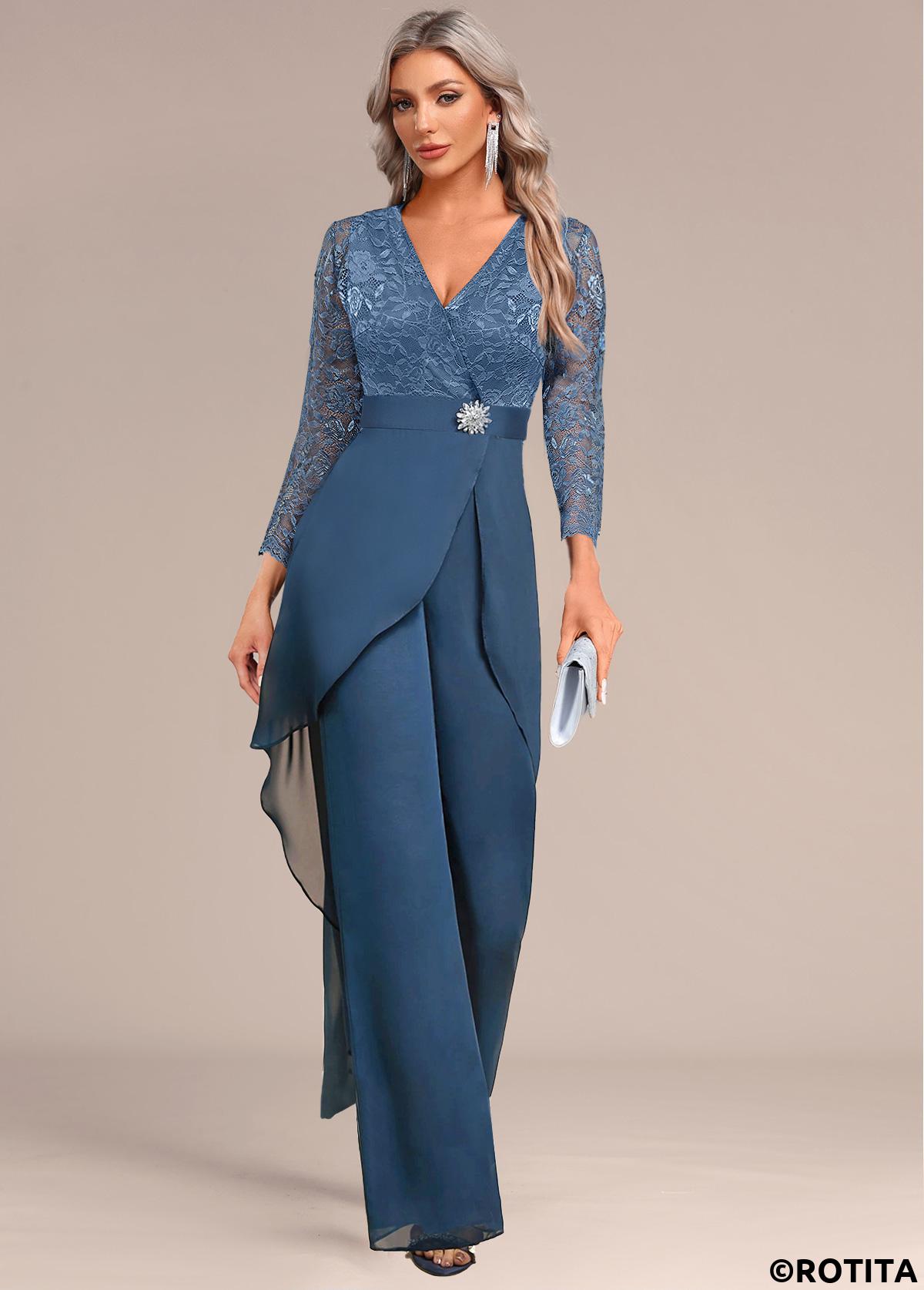 Peacock Blue jumpsuits&rompers,Plain Color jumpsuits&rompers,ROTITA Lace Peacock Blue Long V Neck Jumpsuit