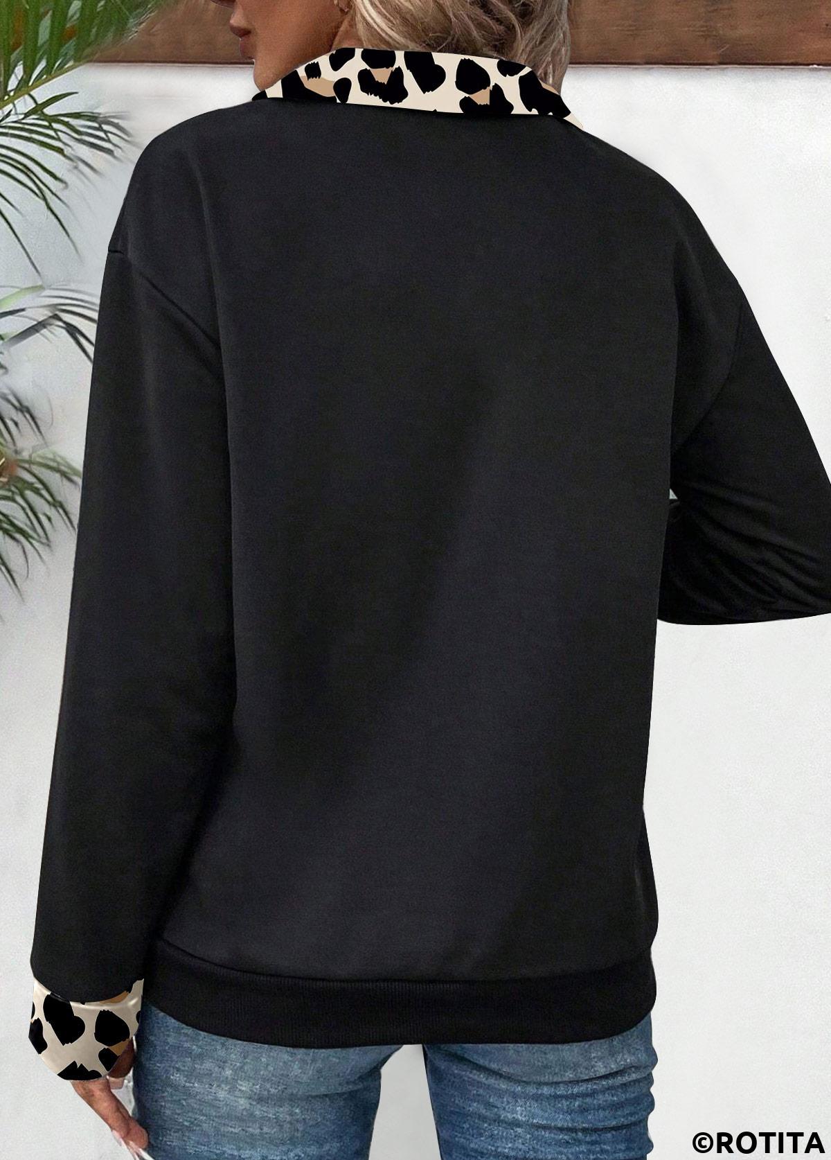 rotita patchwork léopard noir col rabattu sweat à manches longues