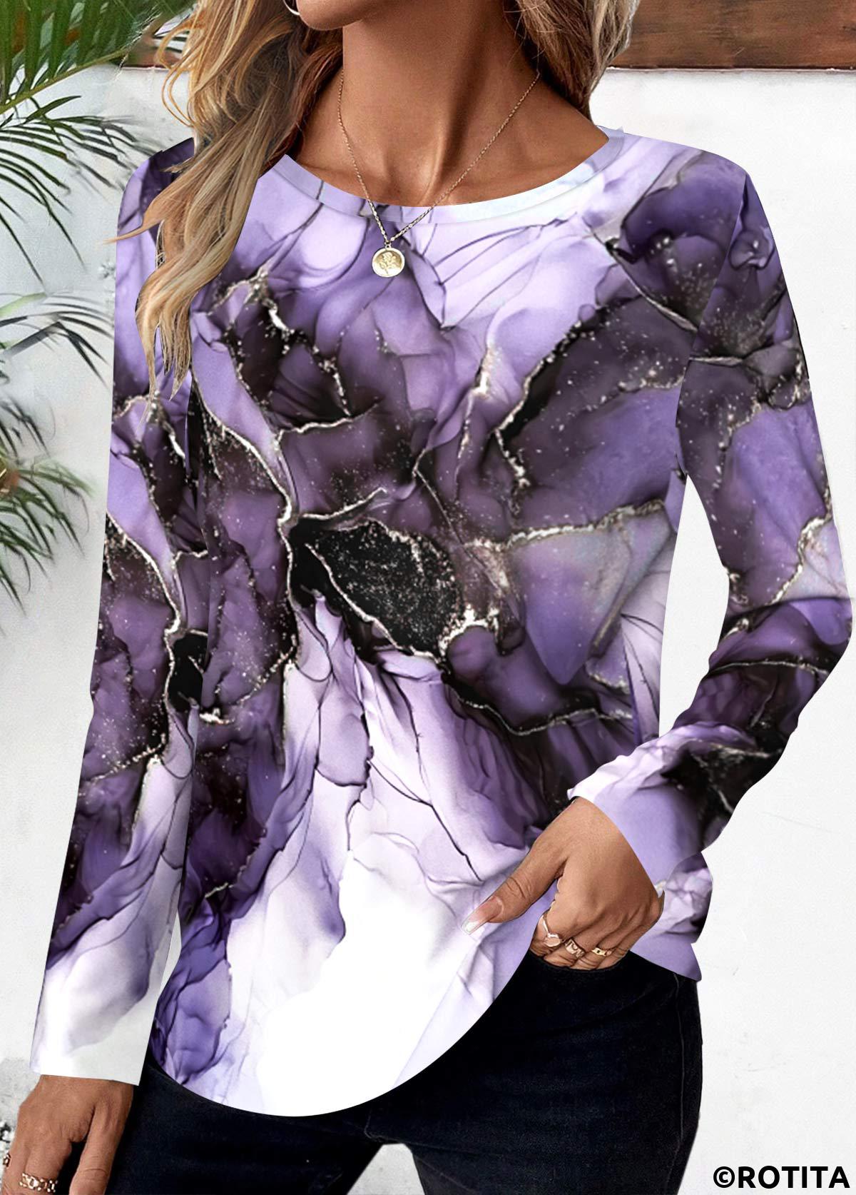 Purple tops,Floral tops,Plants tops,ROTITA Floral Print Purple Round Neck Long Sleeve T Shirt
