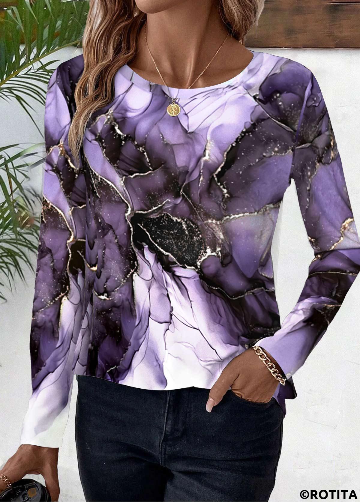 Purple tops,Floral tops,Plants tops,ROTITA Floral Print Purple Round Neck Long Sleeve T Shirt