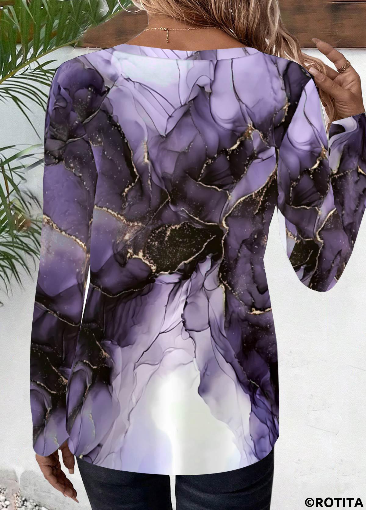 Purple tops,Floral tops,Plants tops,ROTITA Floral Print Purple Round Neck Long Sleeve T Shirt
