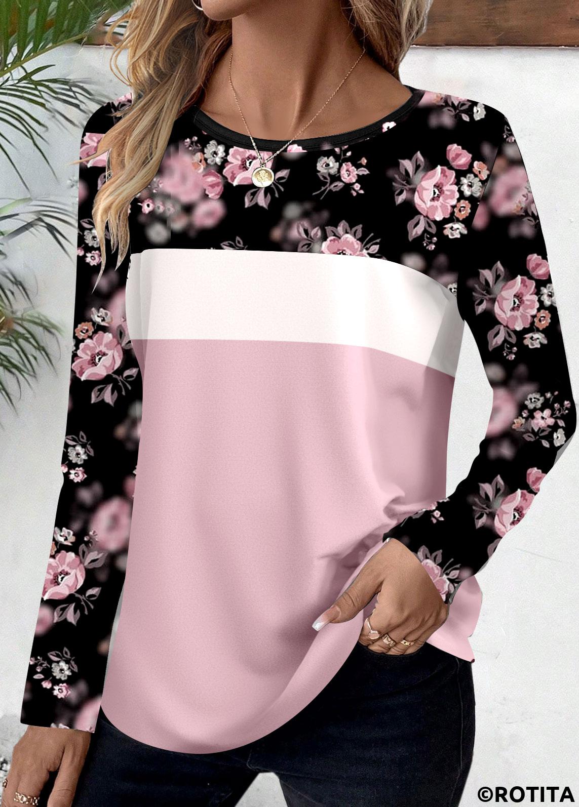 Rotita Patchwork-T-Shirt mit Blümchenmuster und Rundhalsausschnitt in Rosa