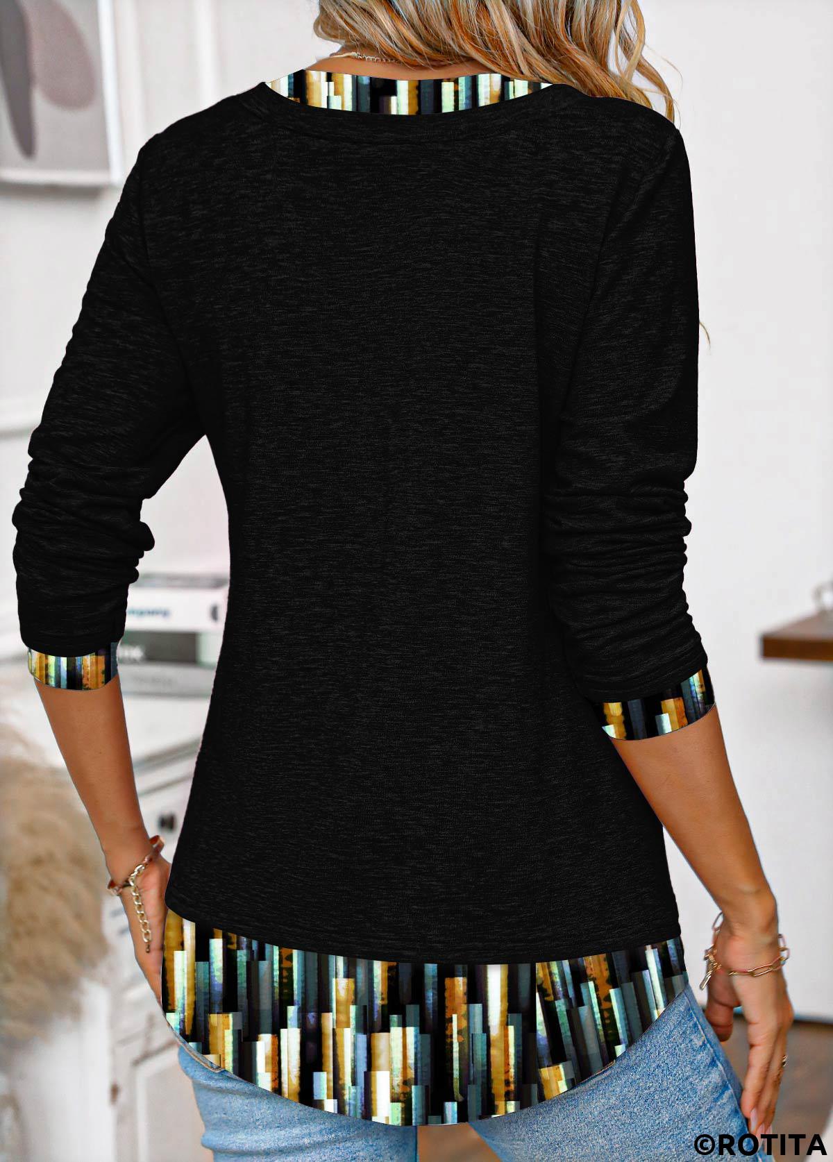 ROTITA Patchwork Ombre Black Split Neck Long Sleeve T Shirt