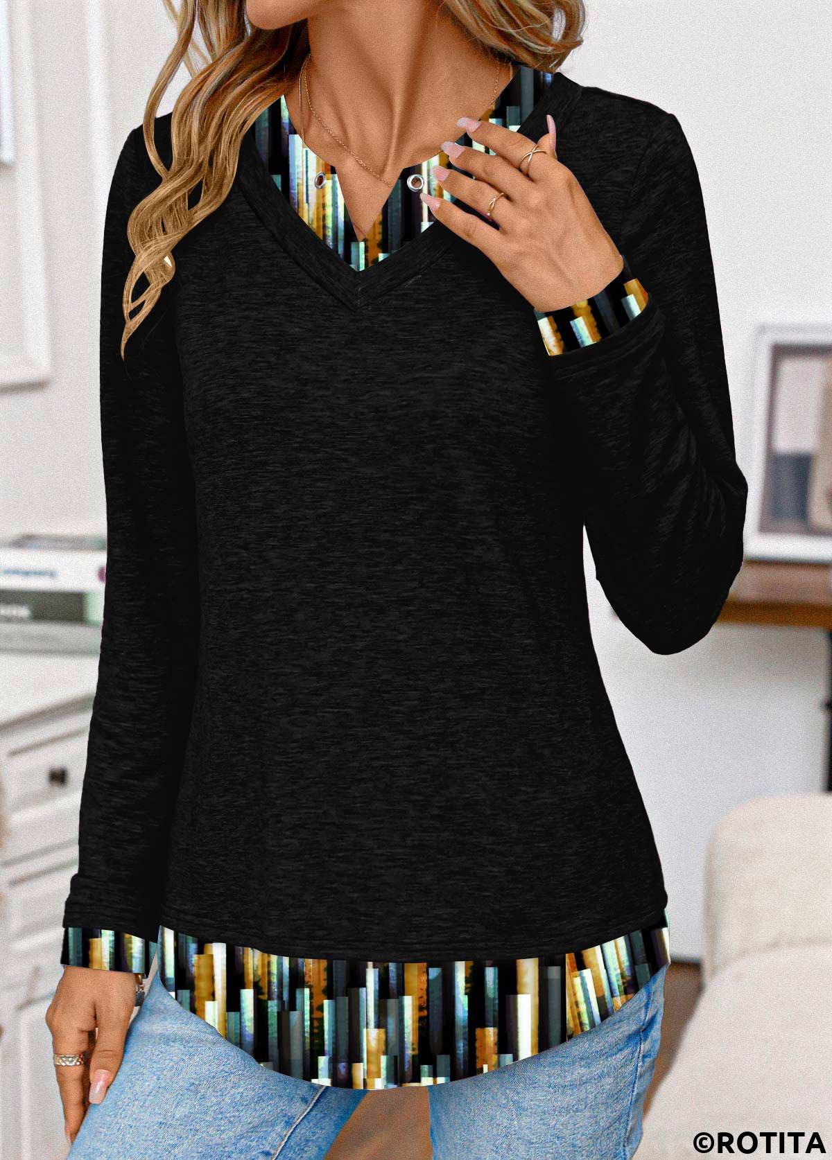 ROTITA Patchwork Ombre Black Split Neck Long Sleeve T Shirt