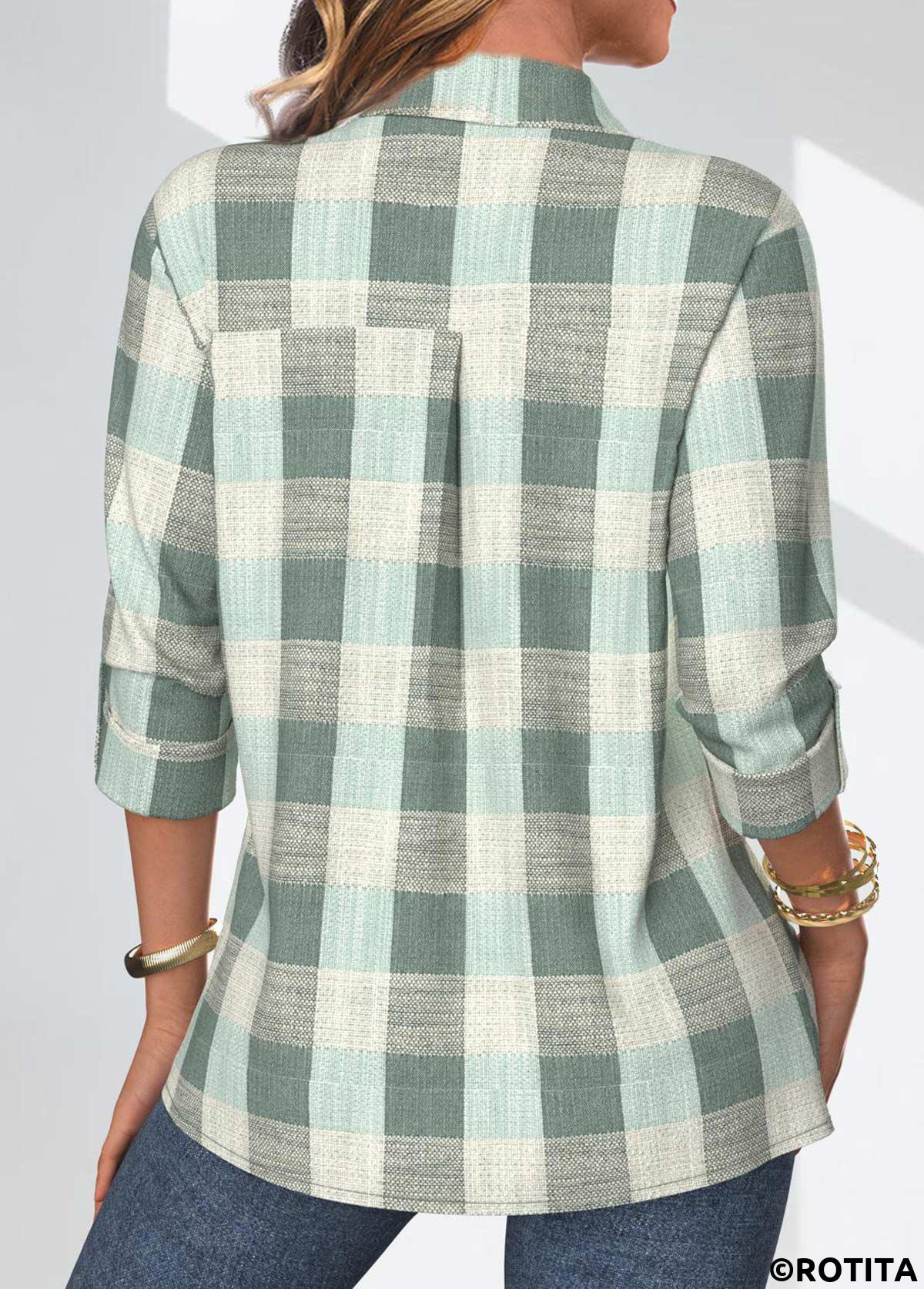 Sage Green tops,Plaid tops,Geometric tops,ROTITA Button Plaid Sage Green Shirt Collar Blouse