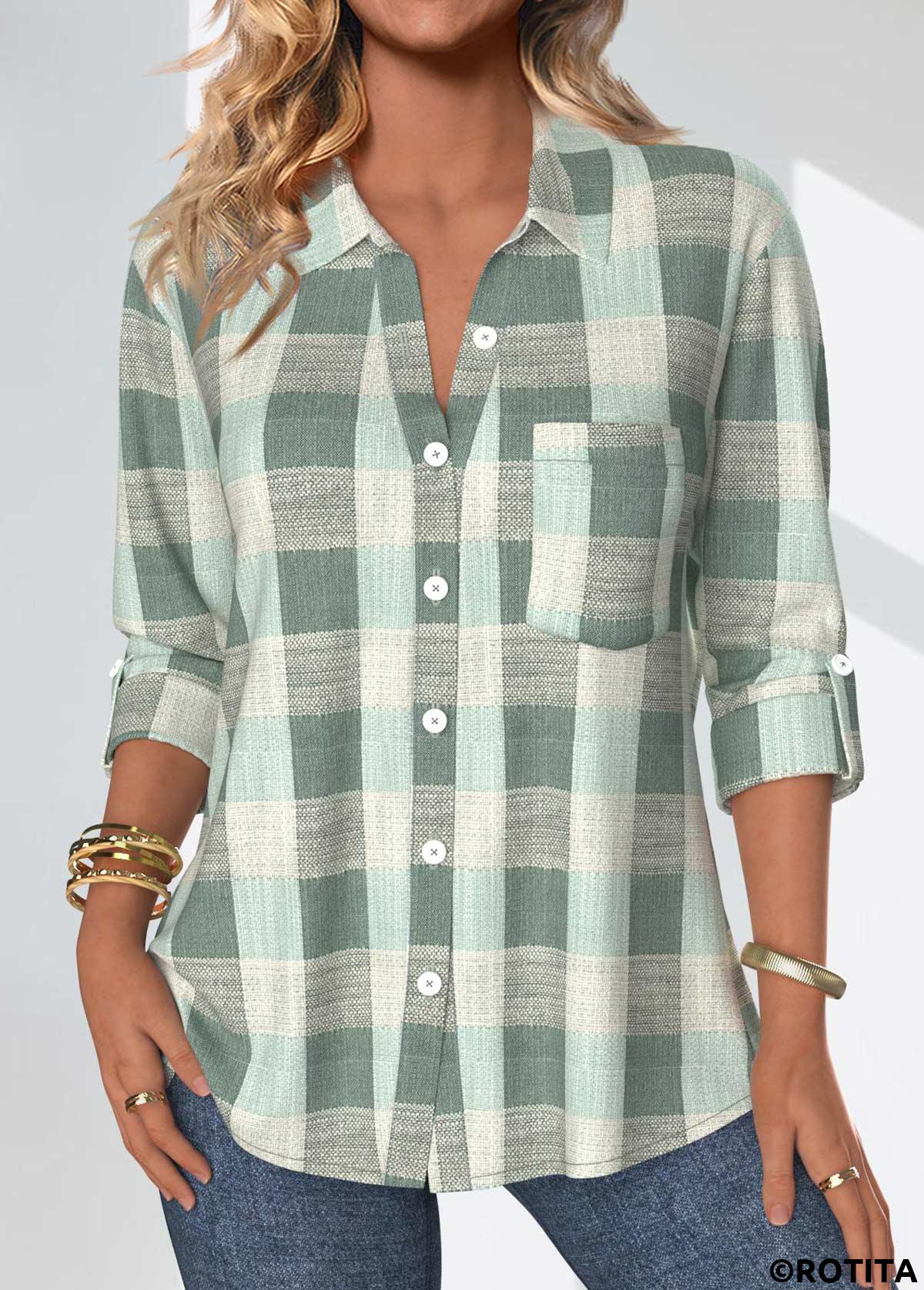 Sage Green tops,Plaid tops,Geometric tops,ROTITA Button Plaid Sage Green Shirt Collar Blouse