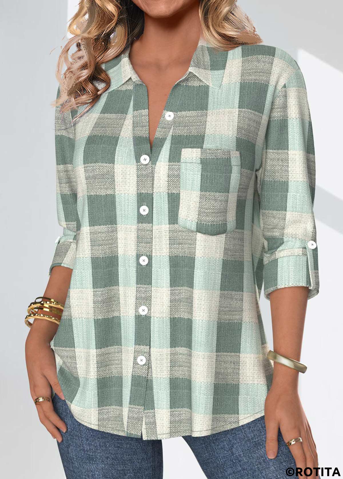 Sage Green tops,Plaid tops,Geometric tops,ROTITA Button Plaid Sage Green Shirt Collar Blouse