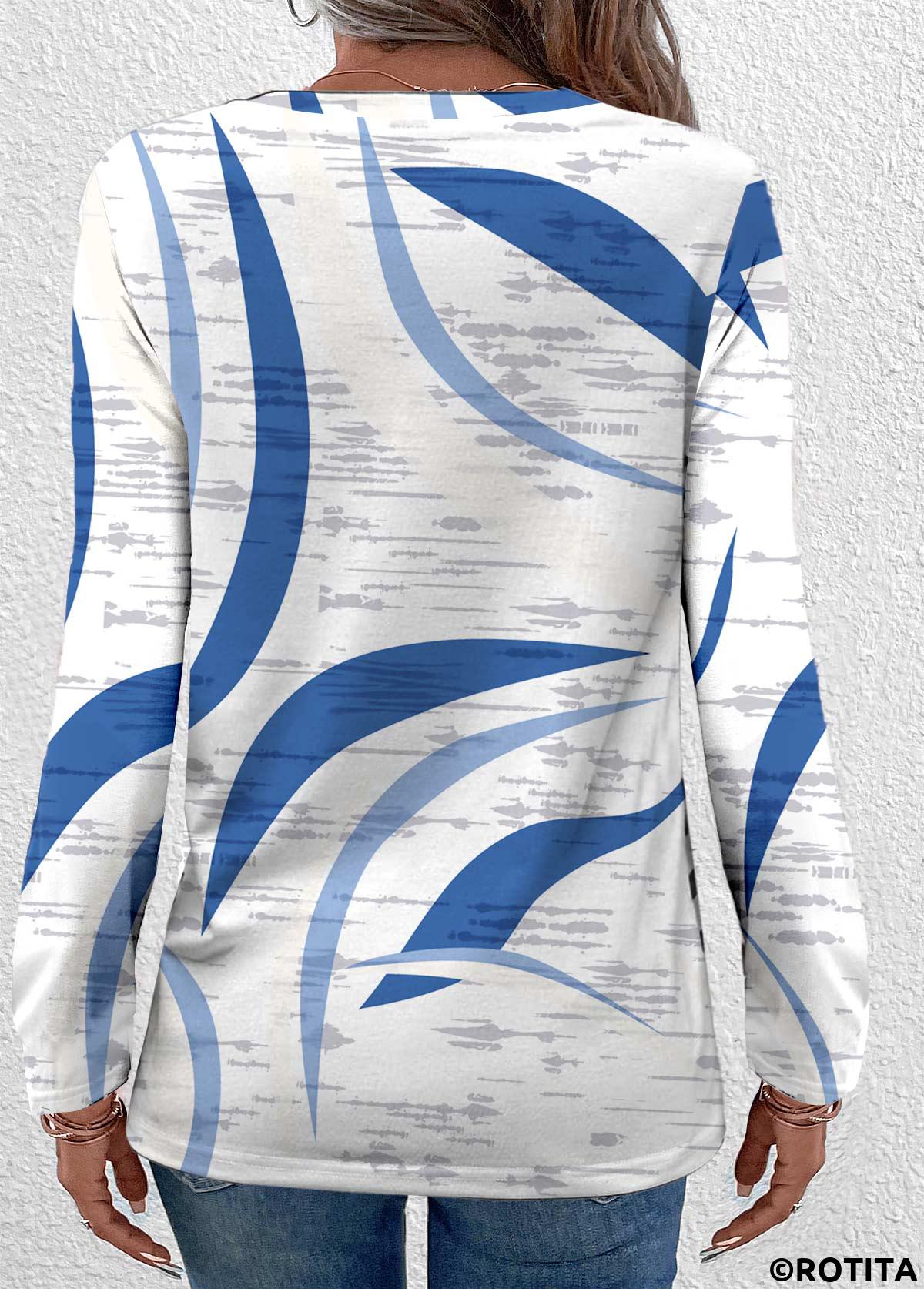 Blue plus size,White plus size,Geometric plus size,Striped plus size,ROTITA Plus Size Lightweight Blue Geometric Print T Shirt