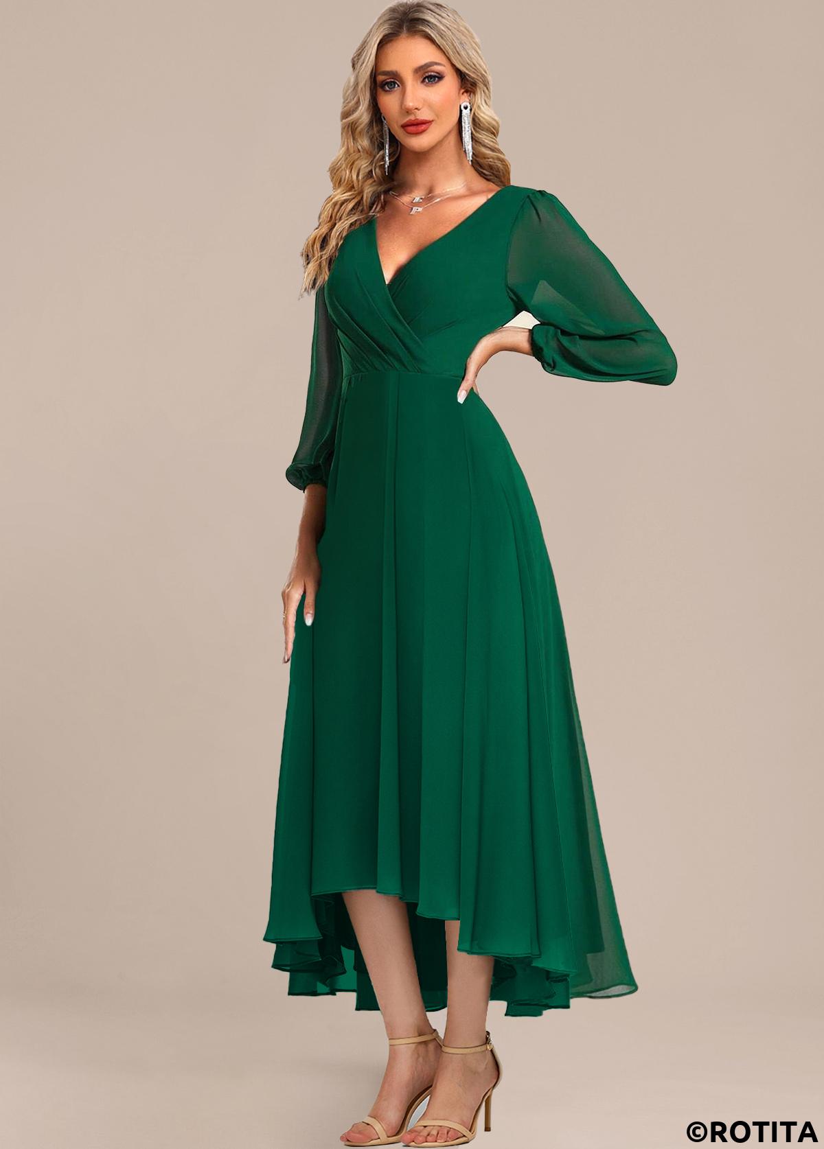 Green dresses,Plain Color dresses,Party dresses,Elegant dresses,ROTITA Surplice Green Zipper High Low V Neck Dress