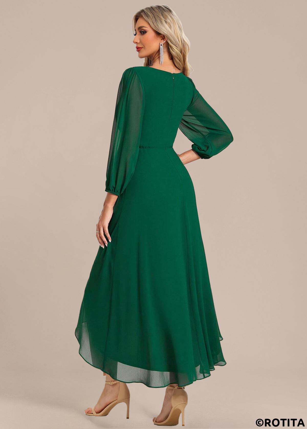 Green dresses,Plain Color dresses,Party dresses,Elegant dresses,ROTITA Surplice Green Zipper High Low V Neck Dress