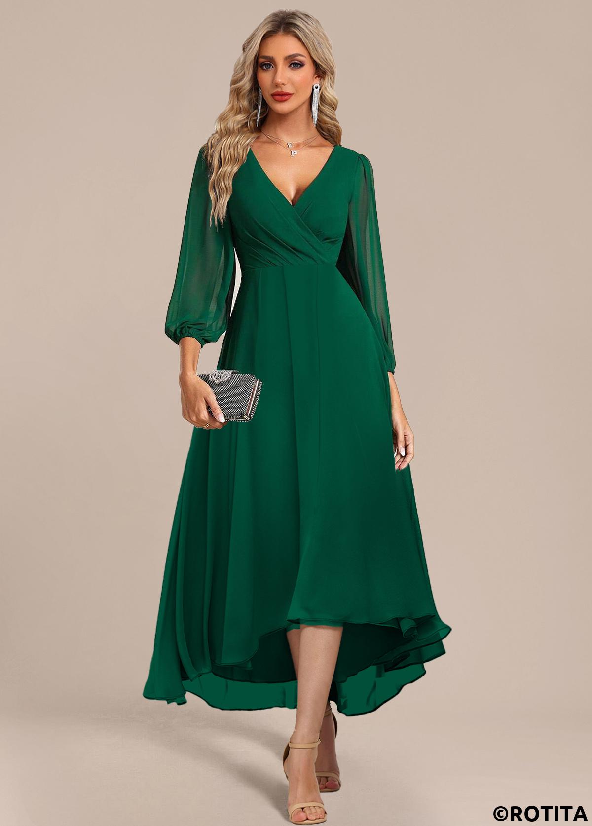 Green dresses,Plain Color dresses,Party dresses,Elegant dresses,ROTITA Surplice Green Zipper High Low V Neck Dress