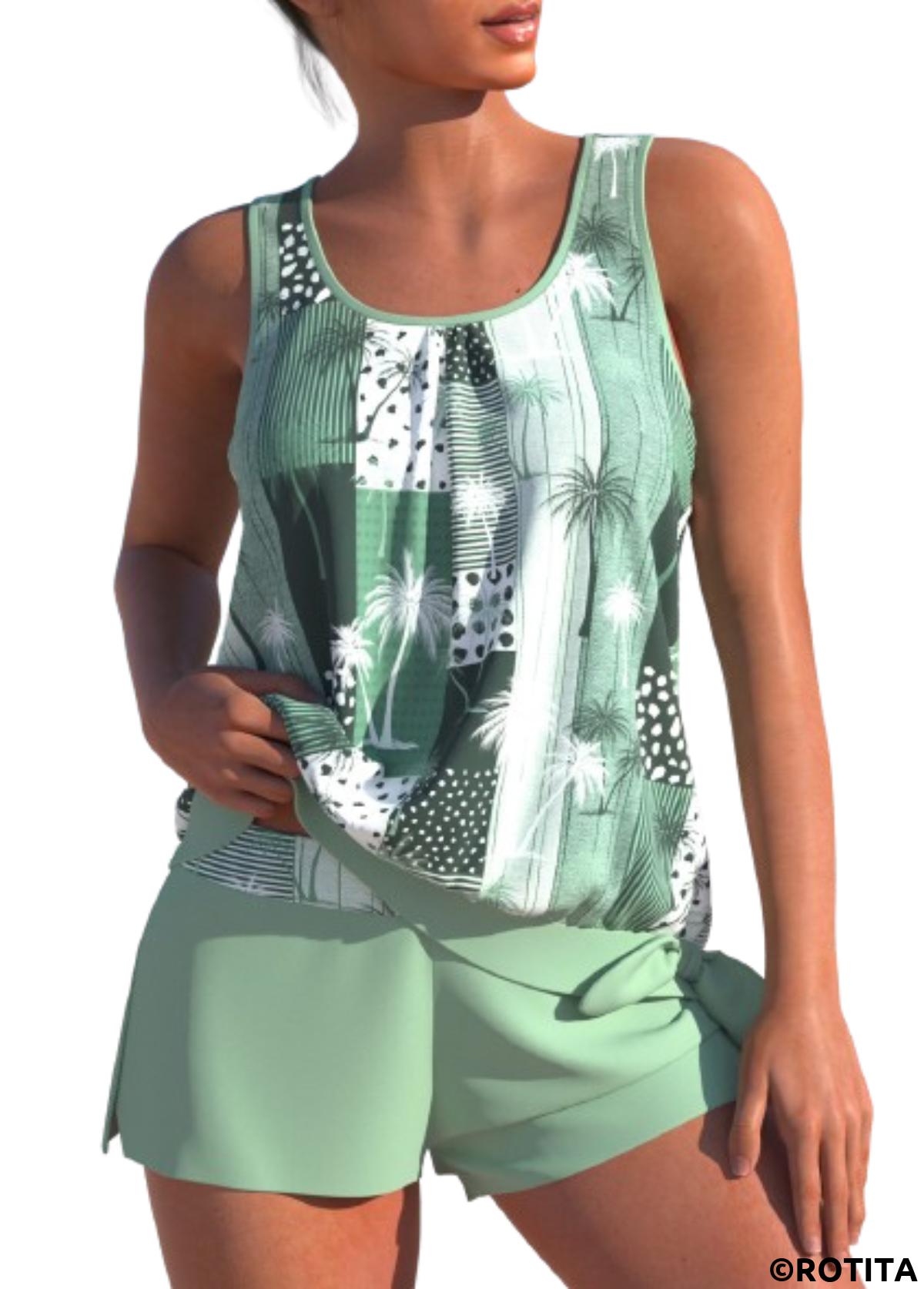 Sage Green swimwear,Geometric swimwear,Striped swimwear,Plaid swimwear,Plants swimwear,ROTITA Tie Sage Green Geometric Print Tankini Set