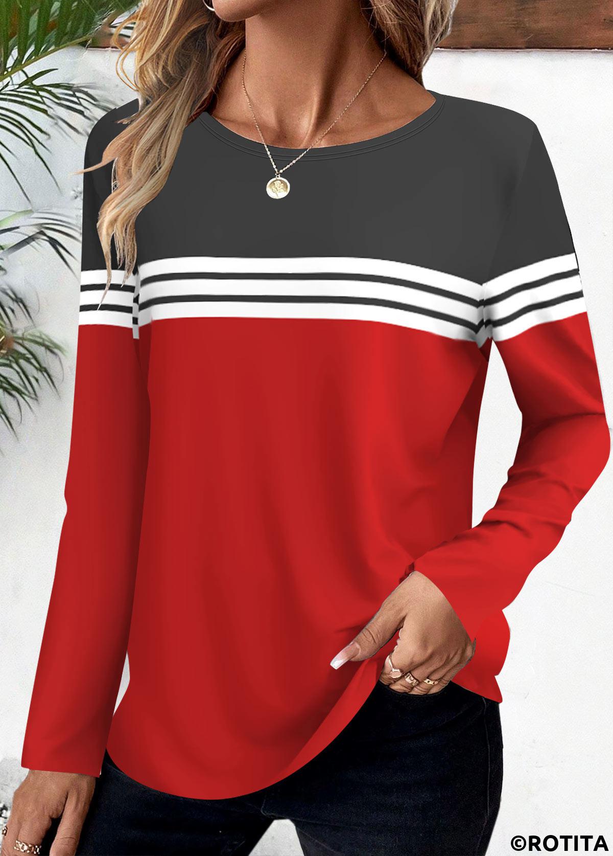 Red tops,Dark Grey tops,Striped tops,Geometric tops,ROTITA Striped Red Round Neck Long Sleeve T Shirt