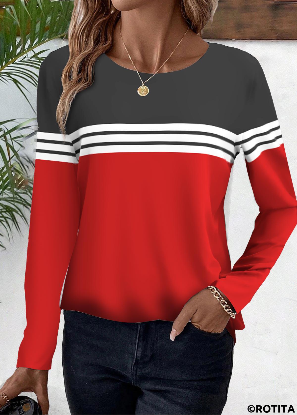 Red tops,Dark Grey tops,Striped tops,Geometric tops,ROTITA Striped Red Round Neck Long Sleeve T Shirt