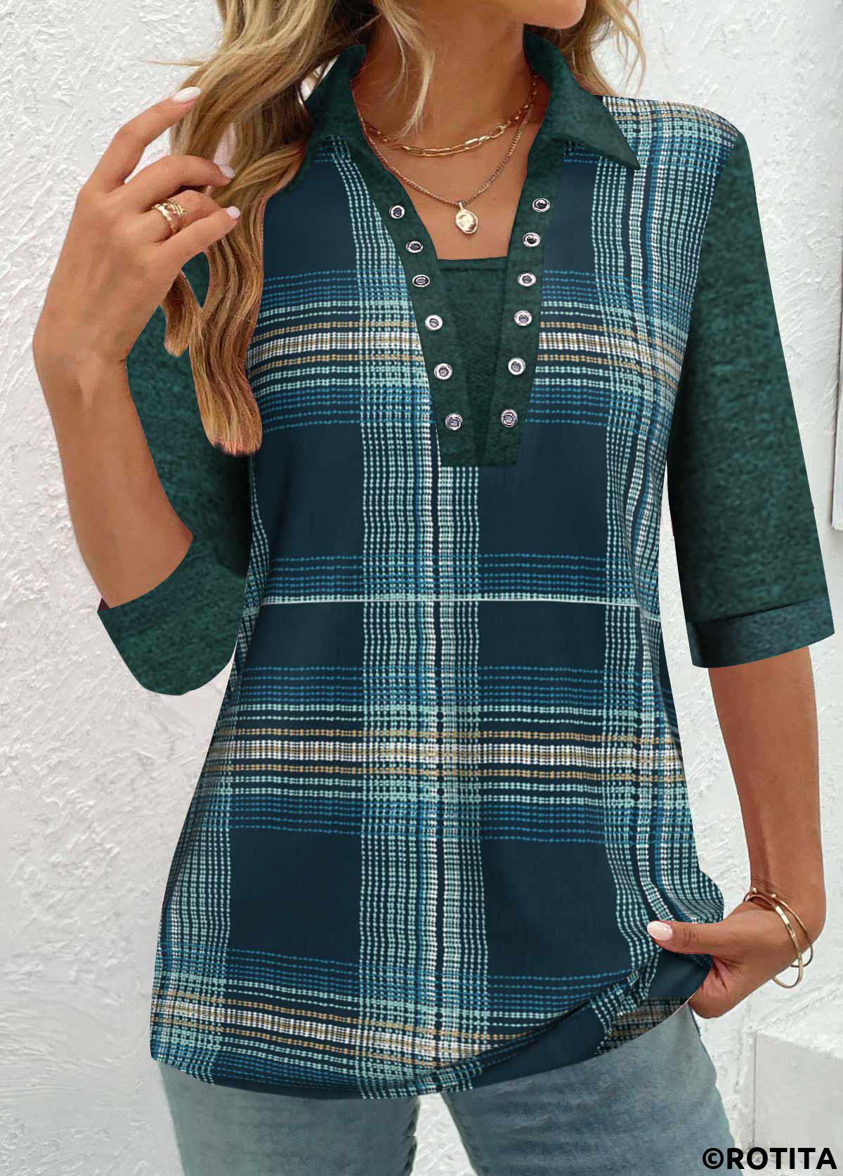 Peacock Blue tops,Green tops,Plaid tops,Striped tops,ROTITA Plus Size Patchwork Peacock Blue Plaid Shirt Collar Blouse