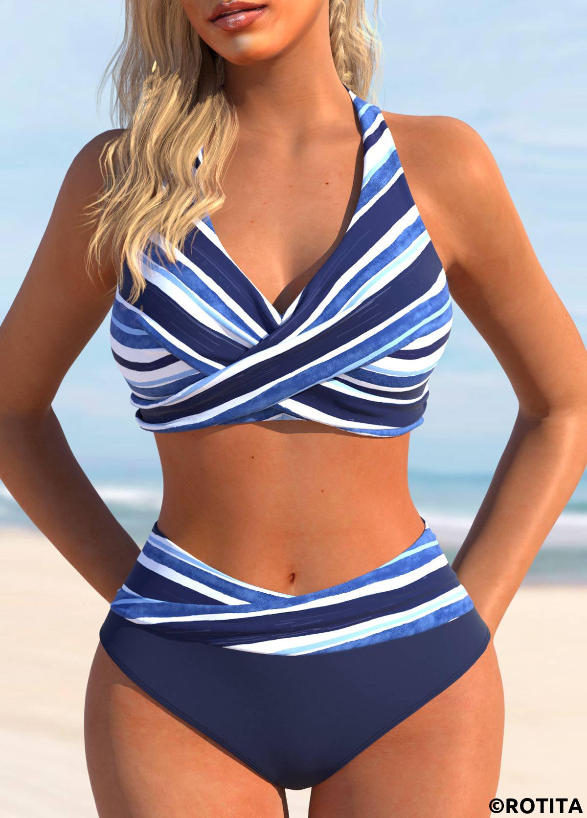 Navy swimwear,Striped swimwear,Geometric swimwear,ROTITA Criss Cross Navy Striped Bikini Set