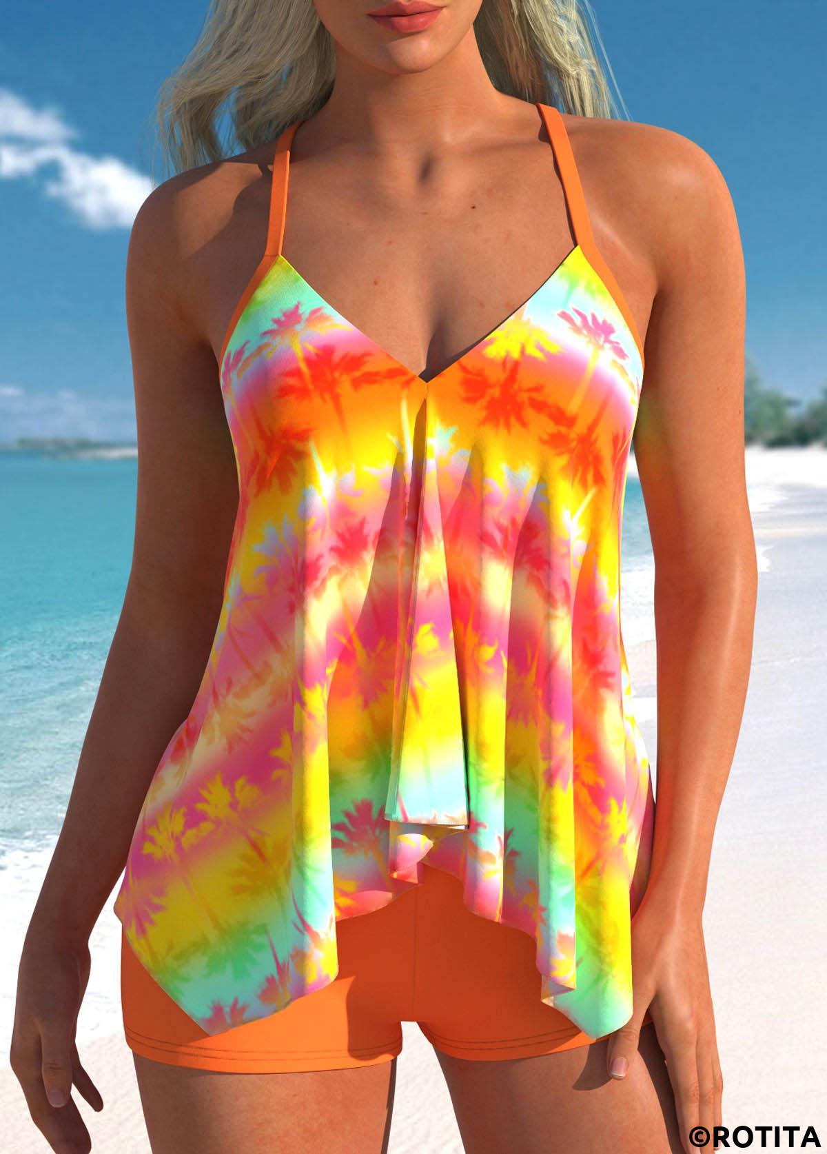 Orange swimwear,Rainbow Color swimwear,Ombre swimwear,Plants swimwear,ROTITA Handkerchief Hem Orange Ombre Tankini Set