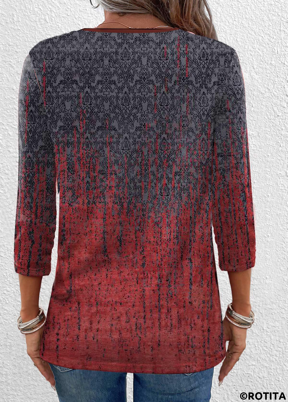 ROTITA Eyelet Ombre Wine Red Split Neck T Shirt