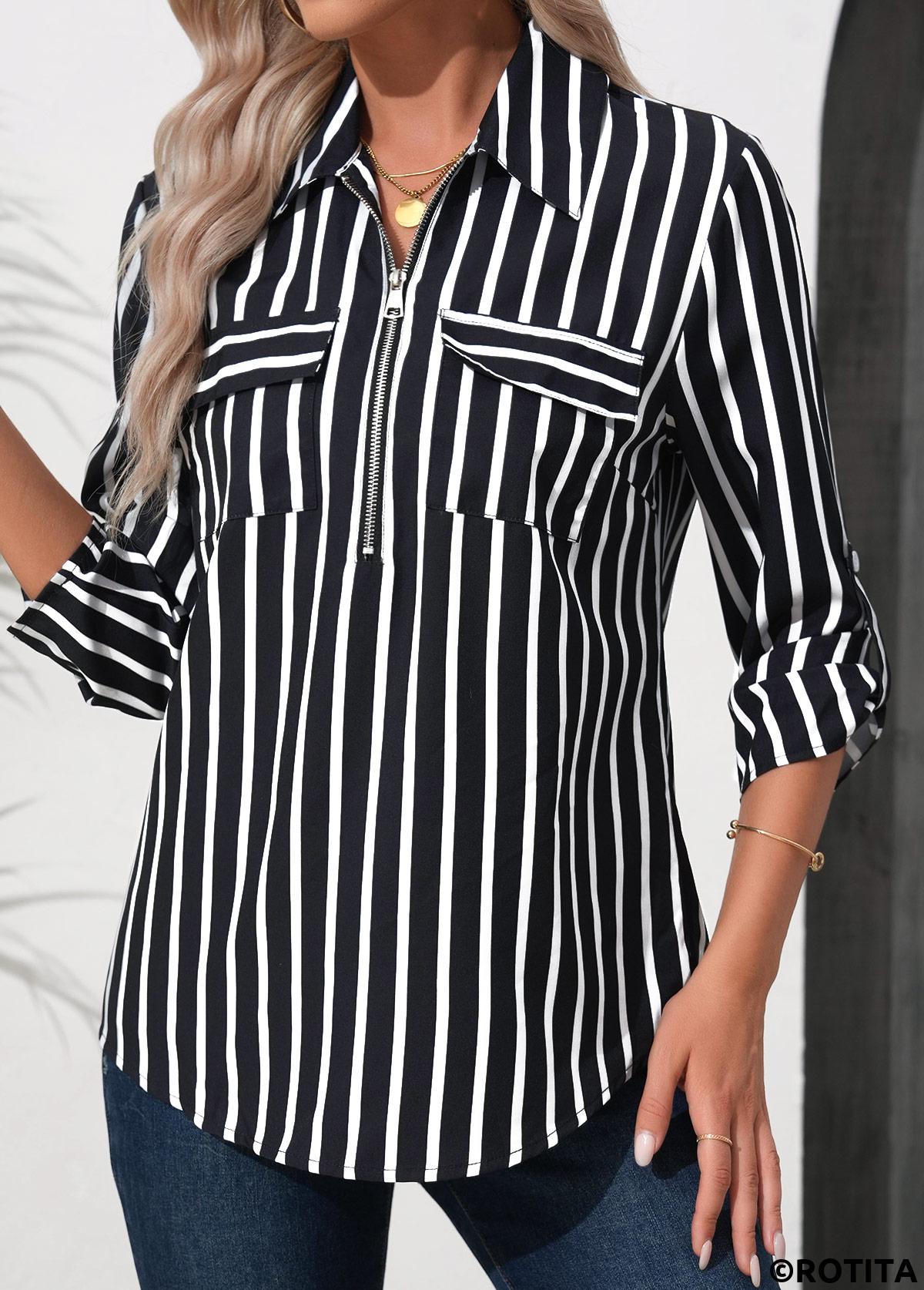 Black tops,Striped tops,Geometric tops,ROTITA Zipper Striped Black Turn Down Collar 3/4 Sleeve Blouse