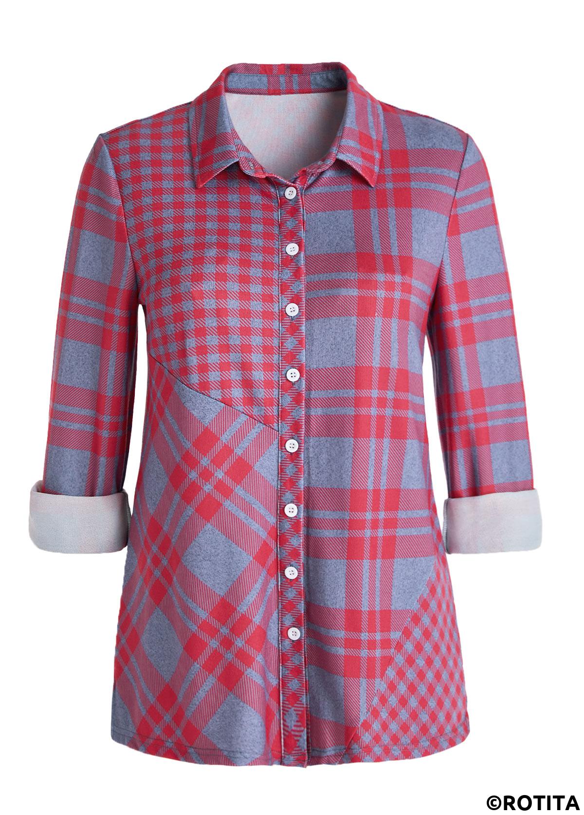 Red tops,Plaid tops,Geometric tops,Striped tops,ROTITA Button Plaid Red Shirt Collar Long Sleeve Blouse