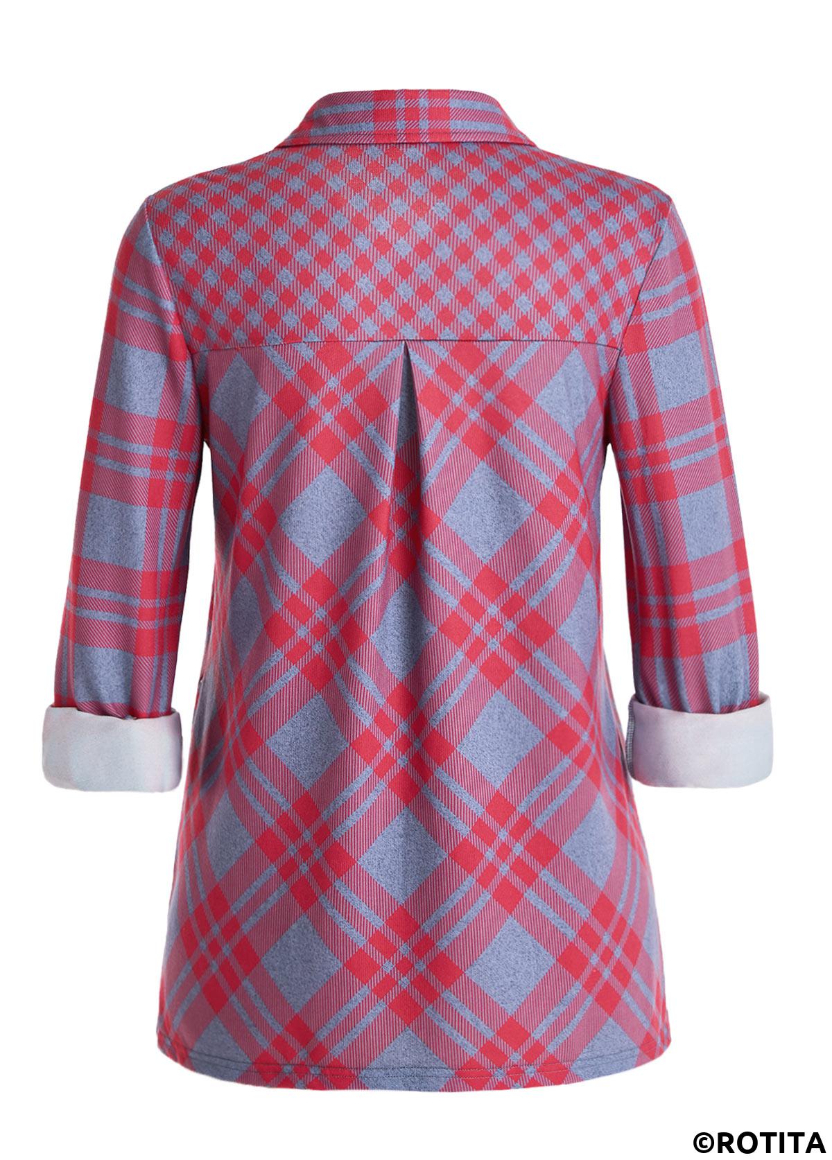 Red tops,Plaid tops,Geometric tops,Striped tops,ROTITA Button Plaid Red Shirt Collar Long Sleeve Blouse