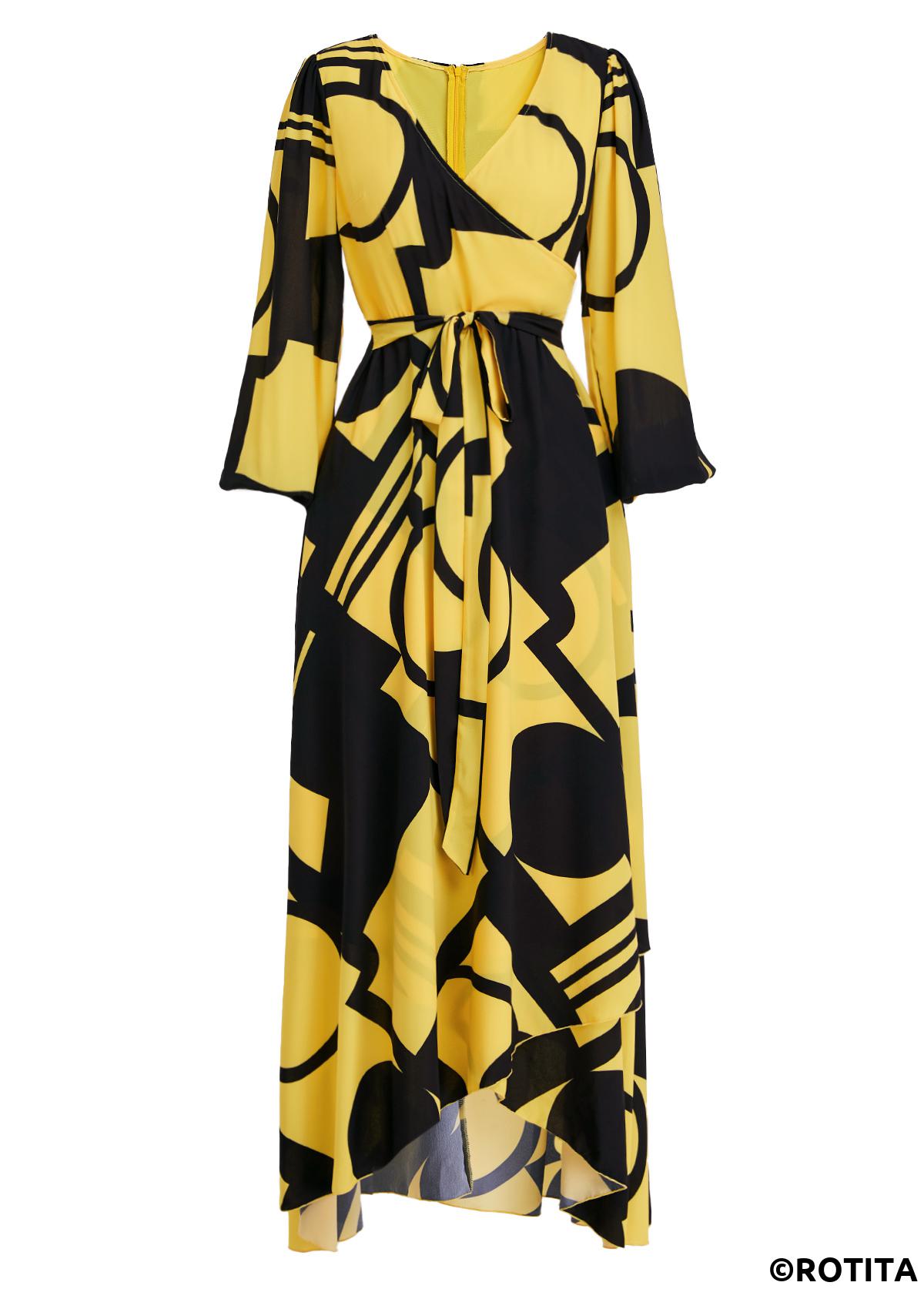 Rotita - Robe haute et basse jaune clair à imprimé géométrique et ourlet croisé