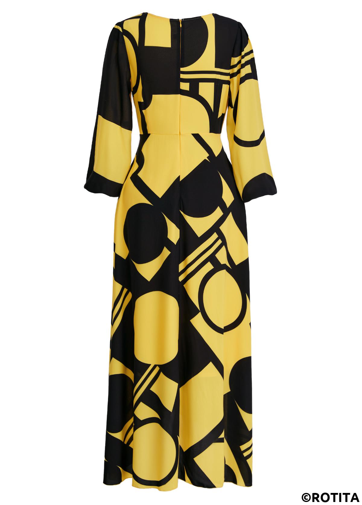 Rotita - Robe haute et basse jaune clair à imprimé géométrique et ourlet croisé