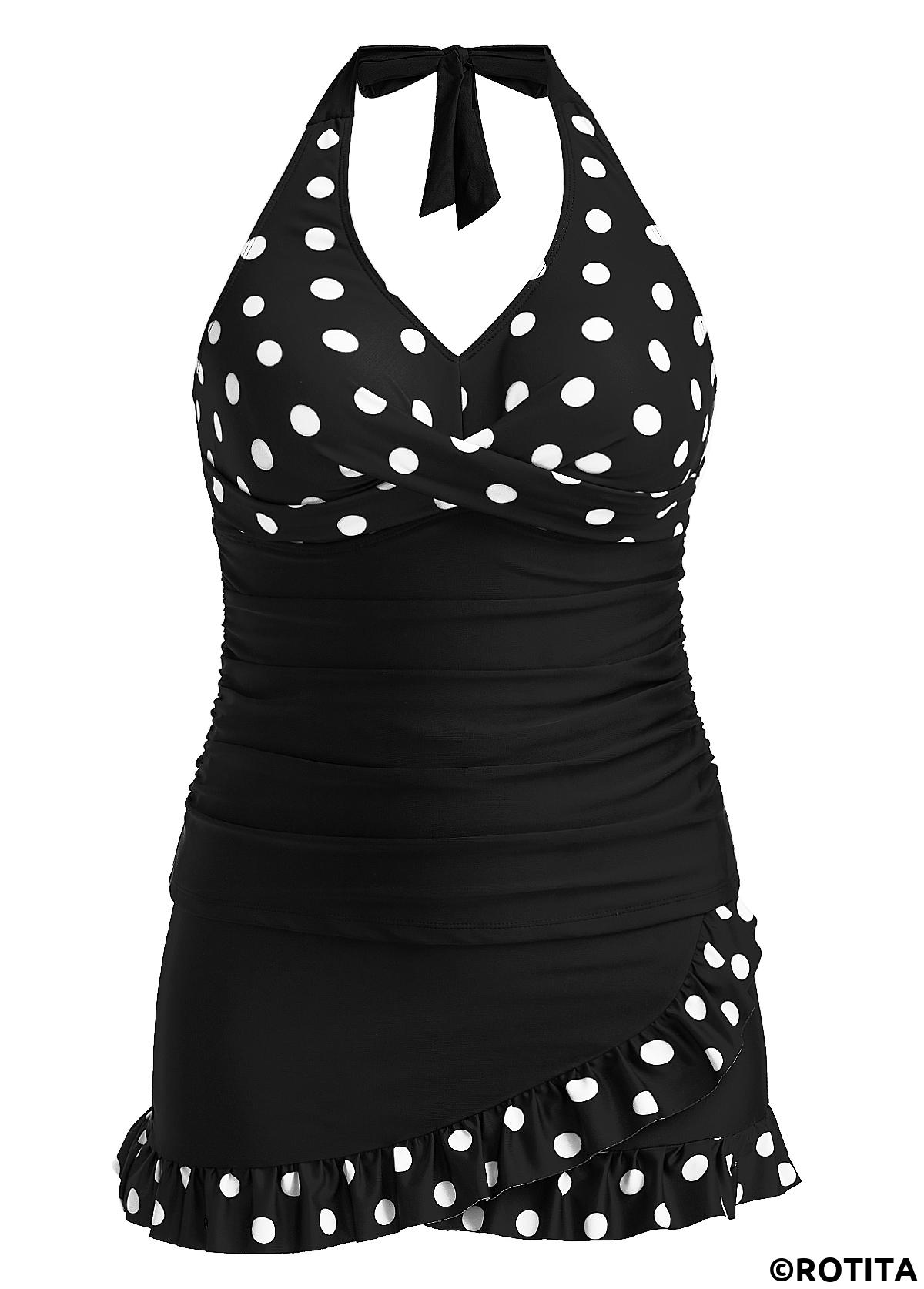 ROTITA Surplice Black Polka Dot Mid Waisted Tankini Set