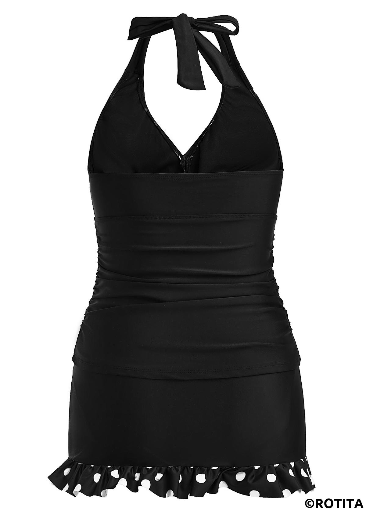 ROTITA Surplice Black Polka Dot Mid Waisted Tankini Set