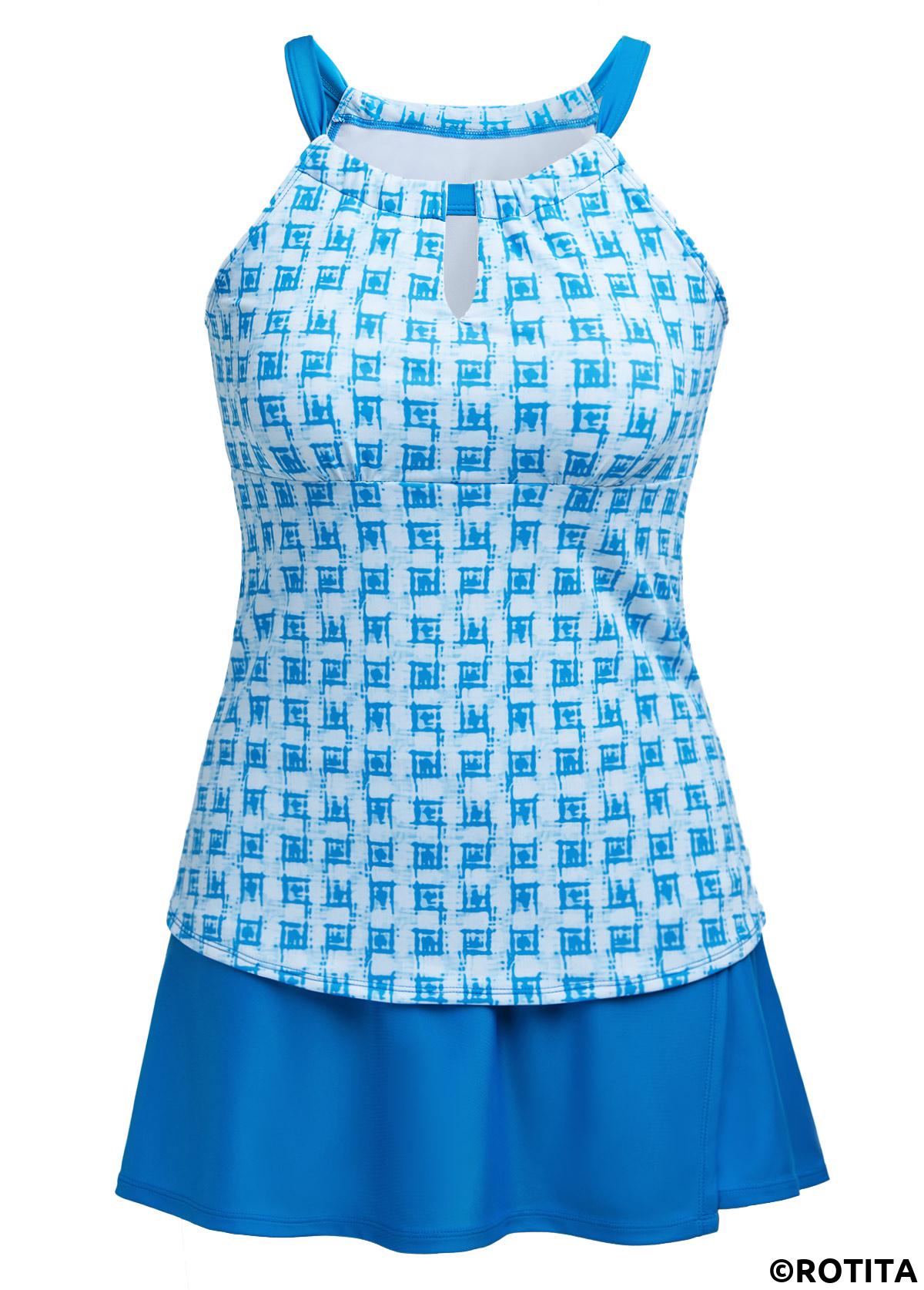 Rotita-Tankini-Set mit Ausschnitten in Himmelblau und geometrischem Muster