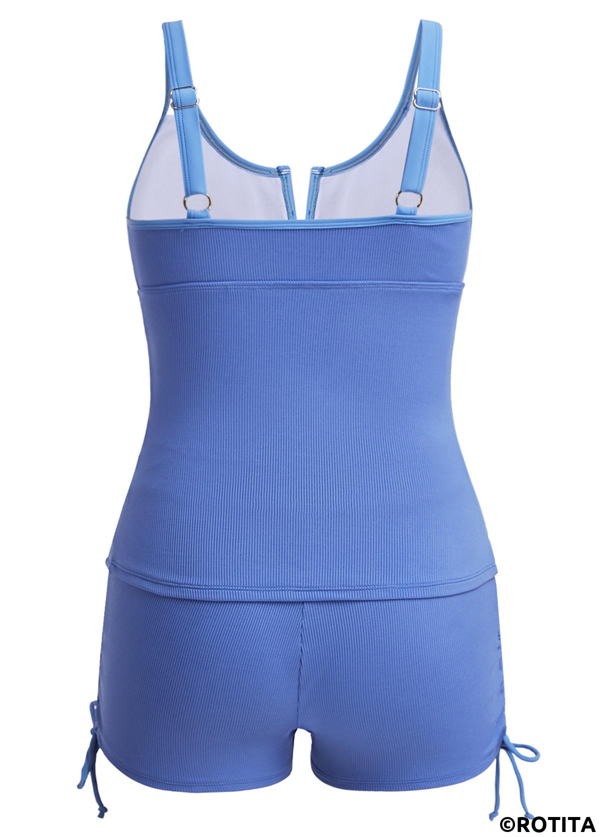 Dusty Blue swimwear,Plain Color swimwear,ROTITA Drawstring Dusty Blue Split Tankini Set