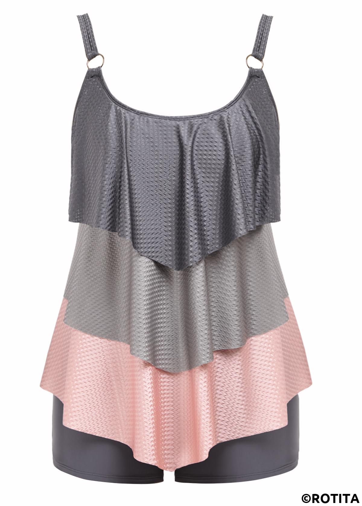 Dark Grey swimwear,Dusty Pink swimwear,Contrast Color swimwear,ROTITA Handkerchief Hem Dark Grey Mid Waisted Tankini Set